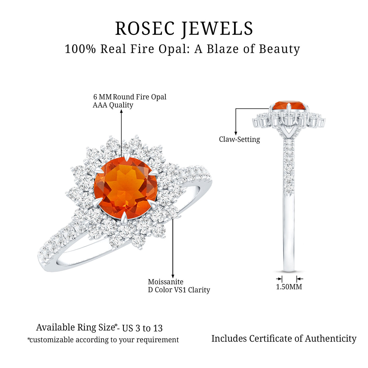 Round Fire Opal Statement Engagement Ring with Moissanite AAA - Rosec Jewels