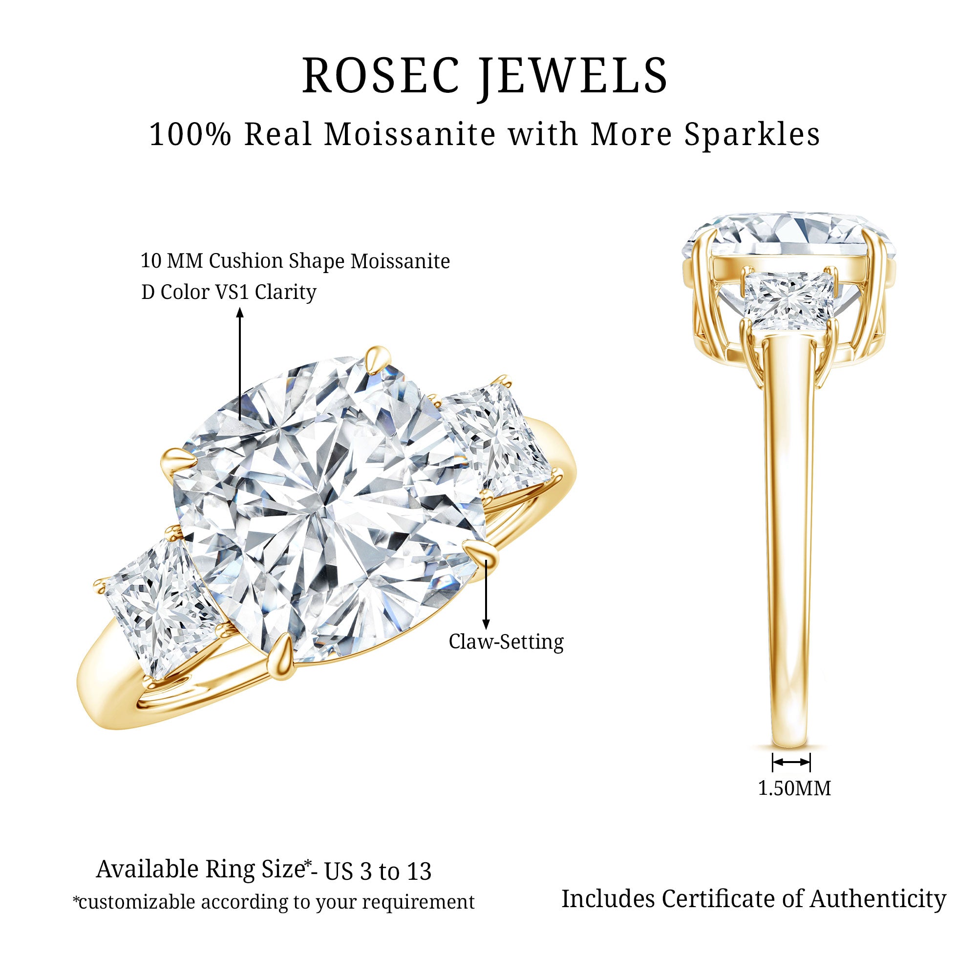 Cushion Moissanite Huge Engagement Ring D-VS1 - Rosec Jewels