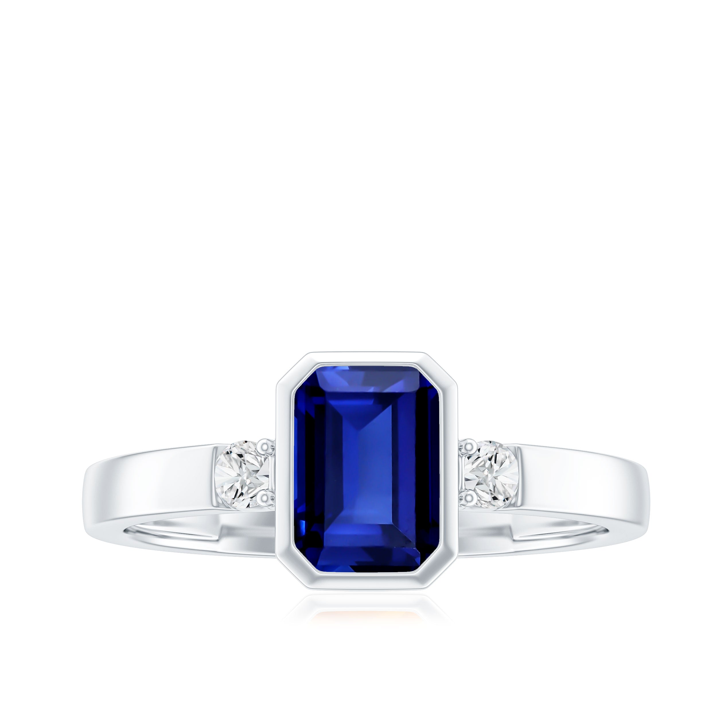 Bezel Set 1.75 Carat Lab Grown Blue Sapphire Emerald Cut Engagement Ring with Diamond AAAA - Rosec Jewels