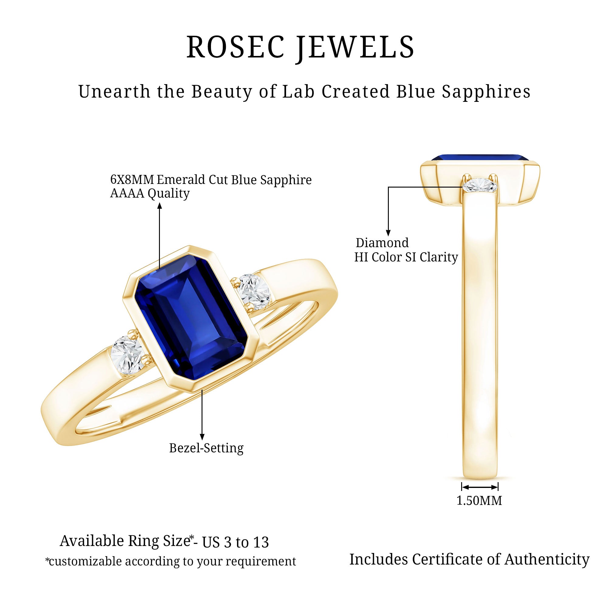 Bezel Set 1.75 Carat Lab Grown Blue Sapphire Emerald Cut Engagement Ring with Diamond AAAA - Rosec Jewels