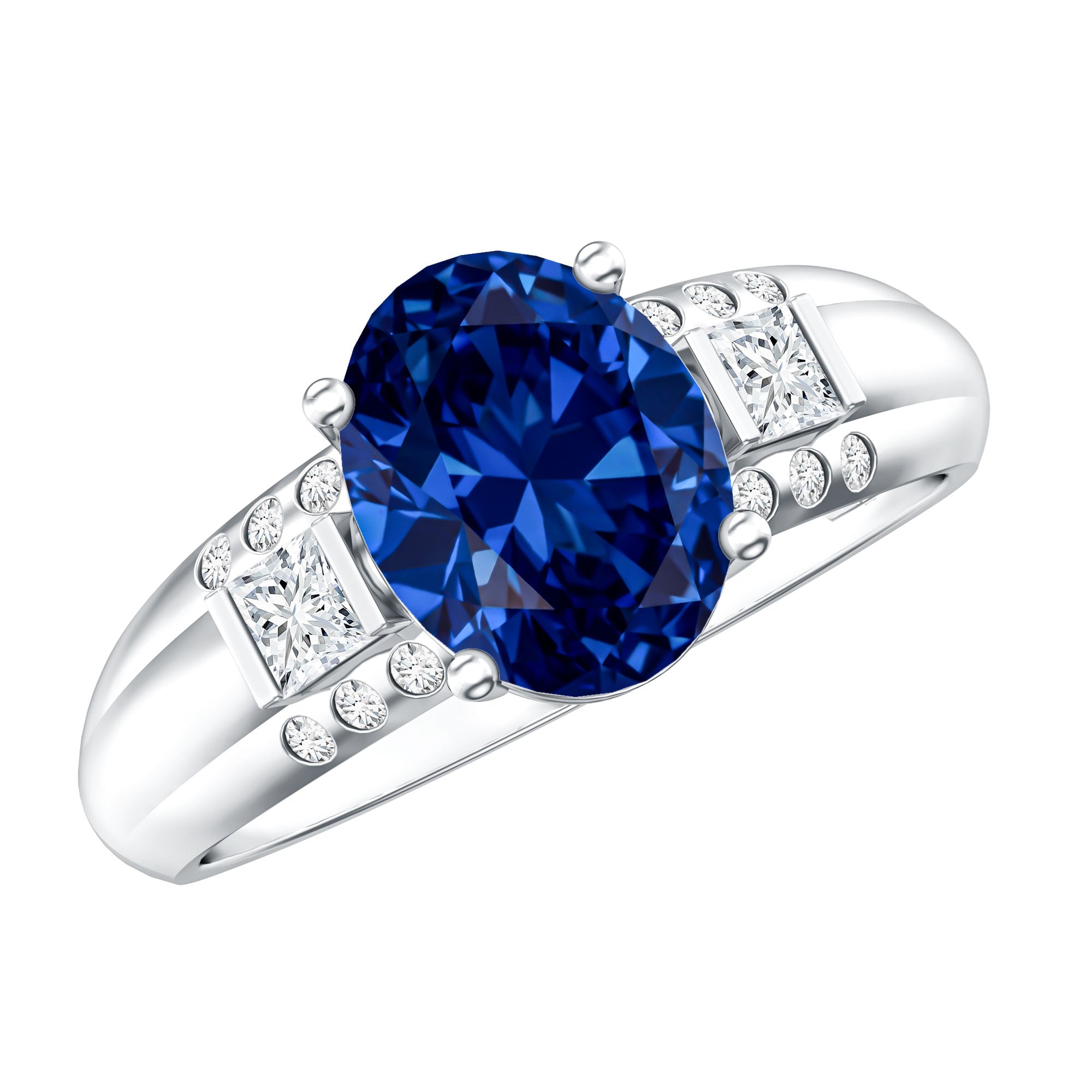 Certified Oval 4 Carat Lab Grown Blue Sapphire Statement Engagement Ring with Diamond AAAA - Rosec Jewels