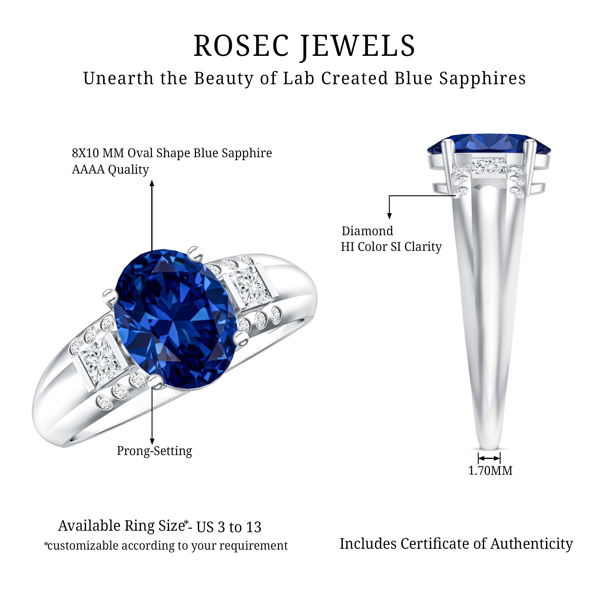 Certified Oval 4 Carat Lab Grown Blue Sapphire Statement Engagement Ring with Diamond AAAA - Rosec Jewels