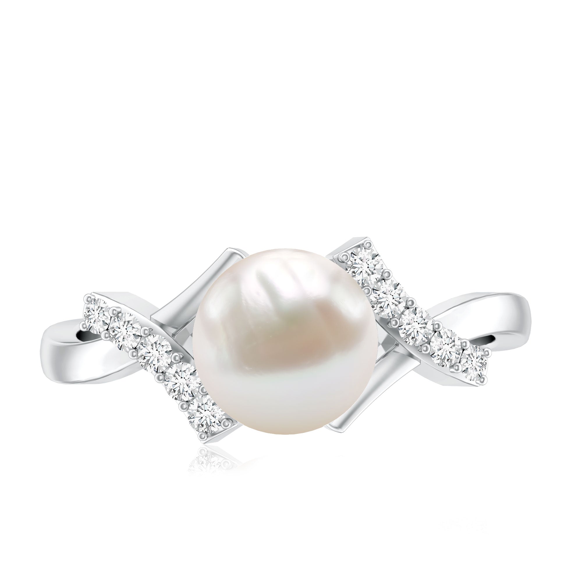 Pure Freshwater Pearl Solitaire Crossover Ring with Diamond AAA - Rosec Jewels