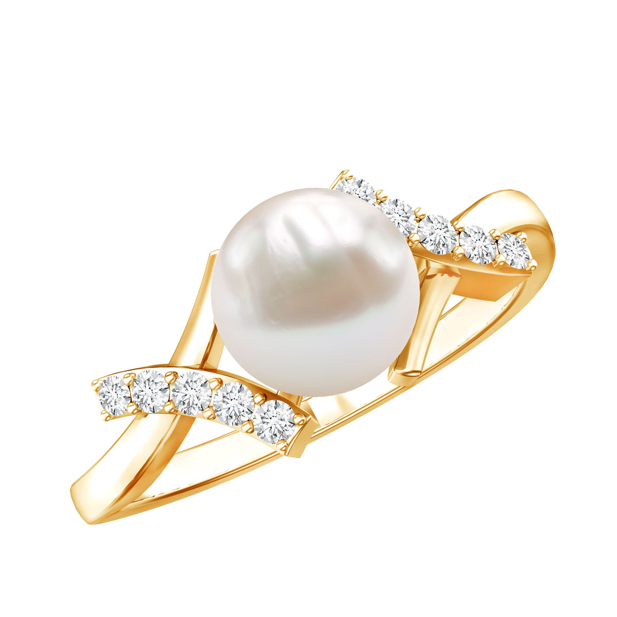 Pure Freshwater Pearl Solitaire Crossover Ring with Diamond AAA - Rosec Jewels