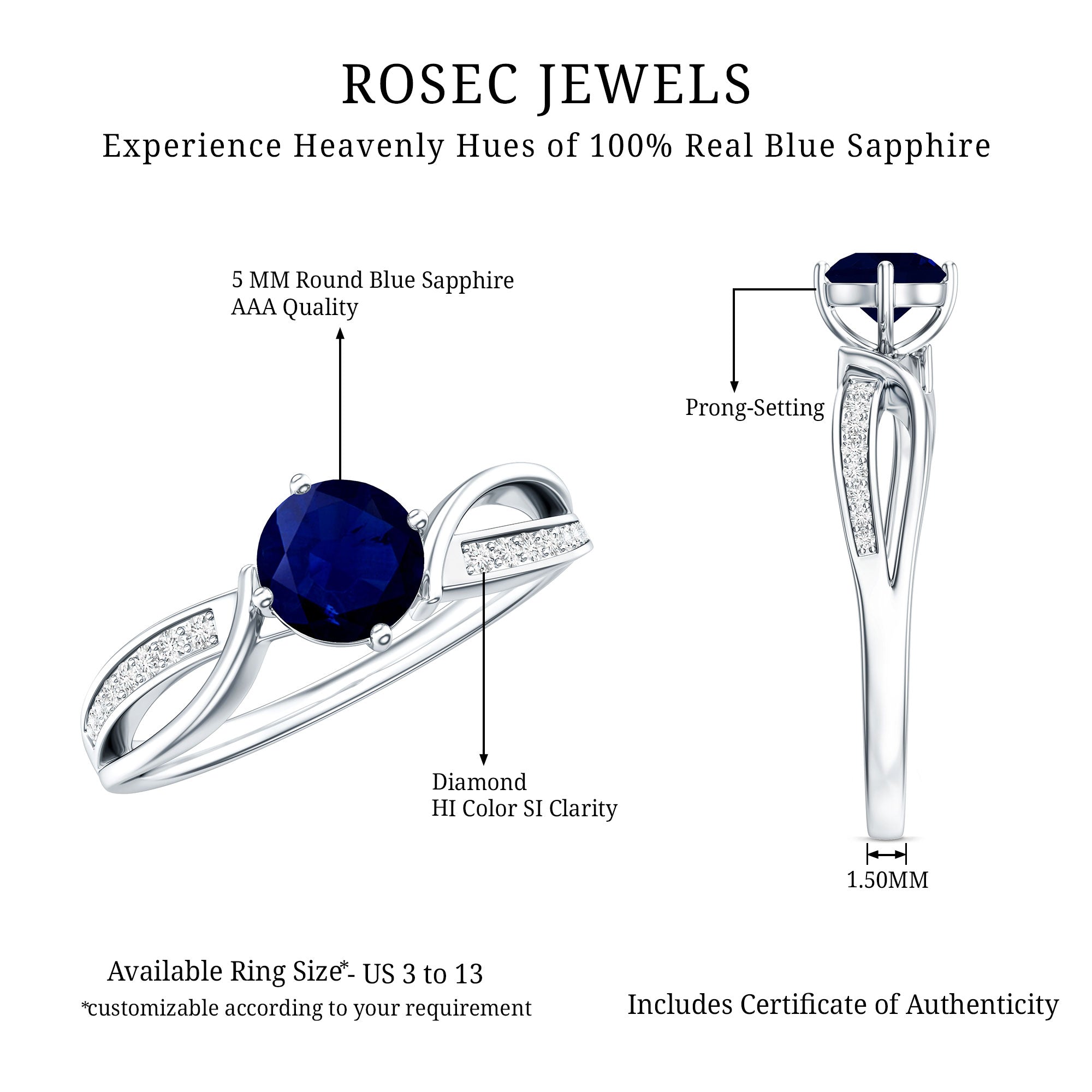 Real 0.95 Carat Round Blue Sapphire Infinity Engagement Ring with Diamond AAA - Rosec Jewels