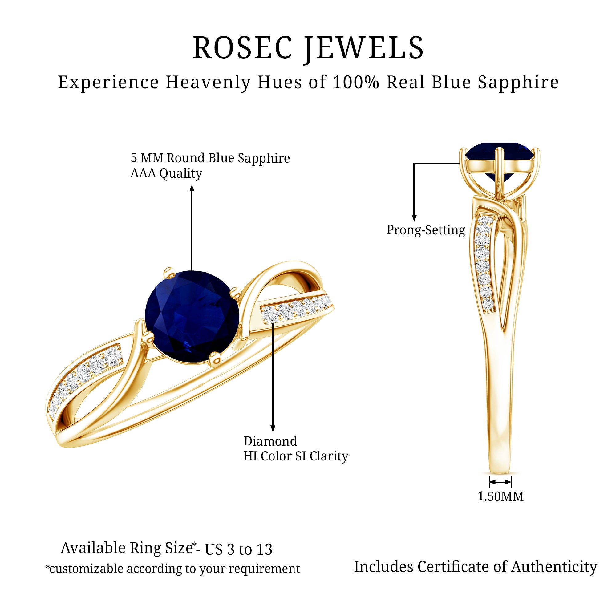 Real 0.95 Carat Round Blue Sapphire Infinity Engagement Ring with Diamond AAA - Rosec Jewels