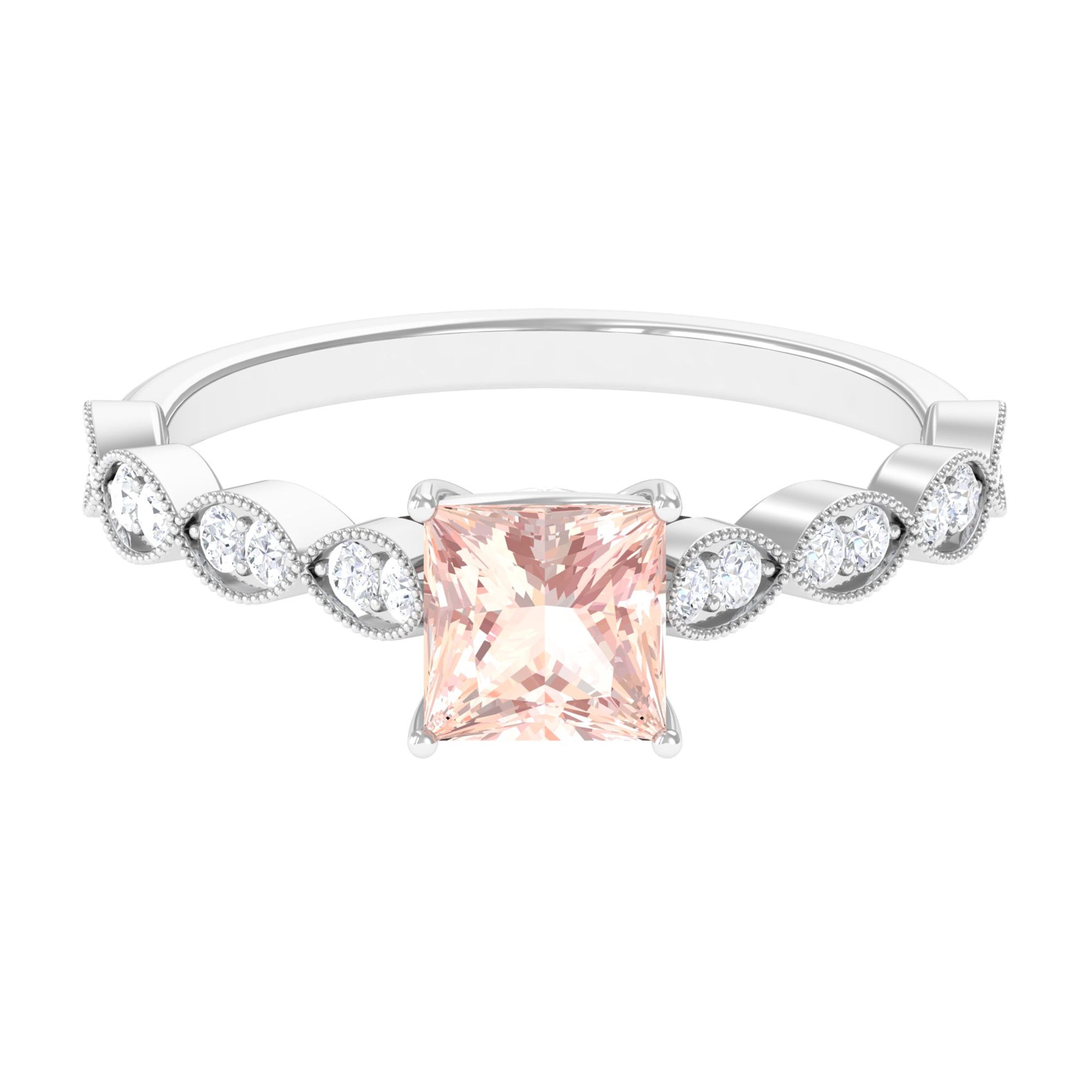 1.25 CT Princess Cut Morganite Solitaire Ring with Diamond Side Stones