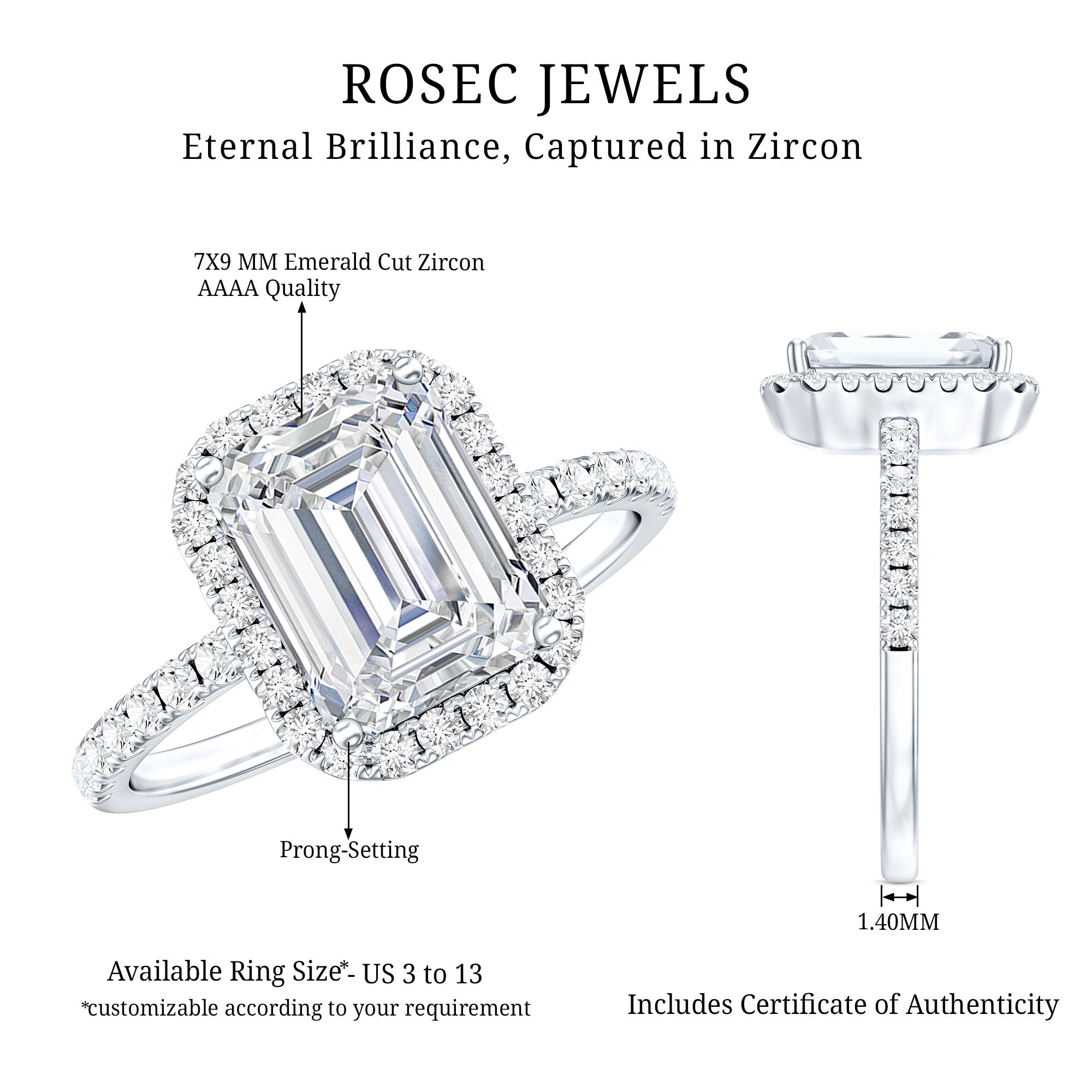 2.8 Carat Emerald Cut Cubic Zirconia Halo Engagement Ring AAAA - Rosec Jewels