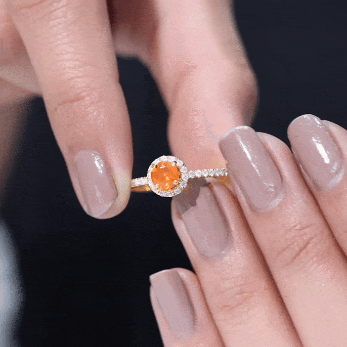 Round Shape Fire Opal Halo Engagement Ring with Diamond AAA - Rosec Jewels