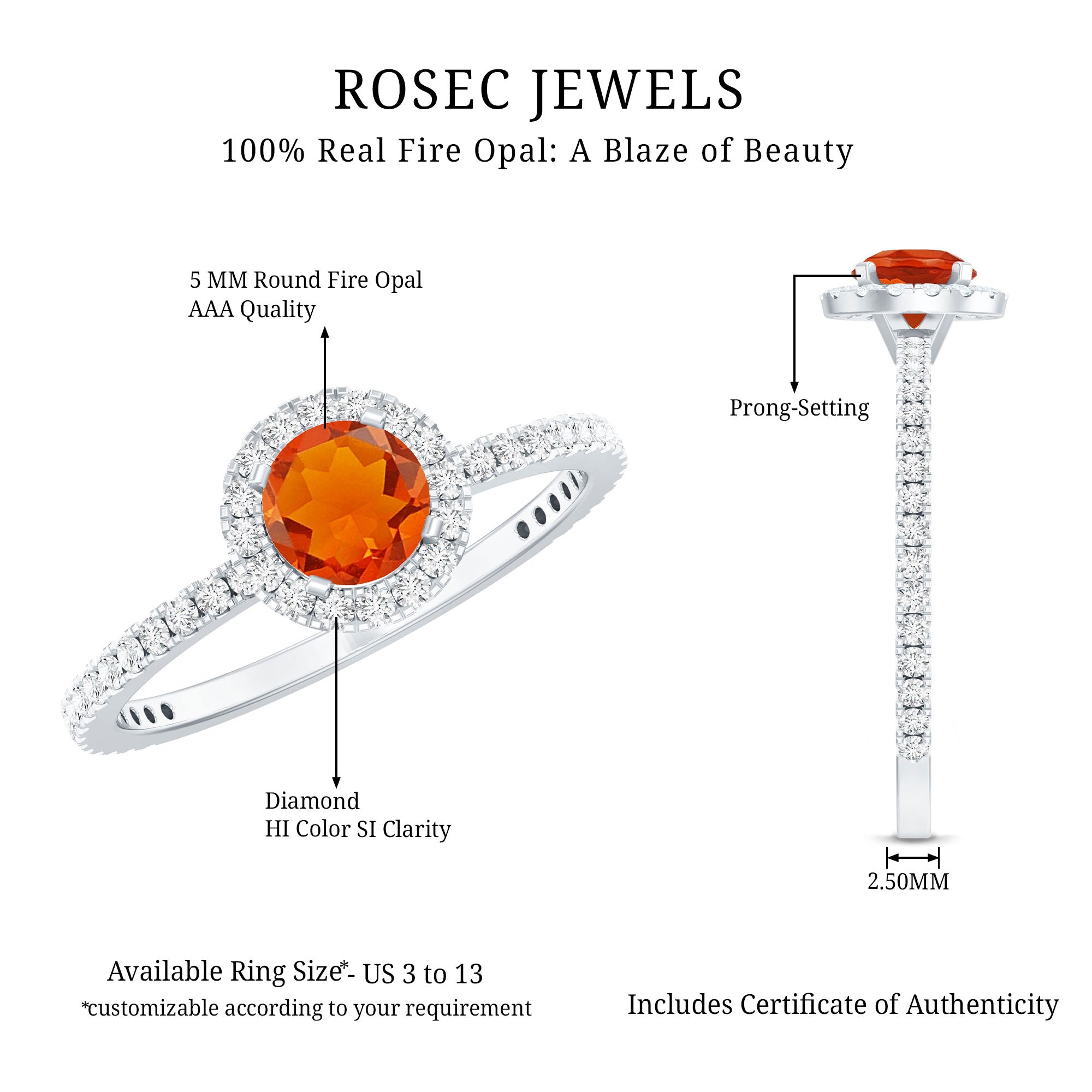 Round Shape Fire Opal Halo Engagement Ring with Diamond AAA - Rosec Jewels