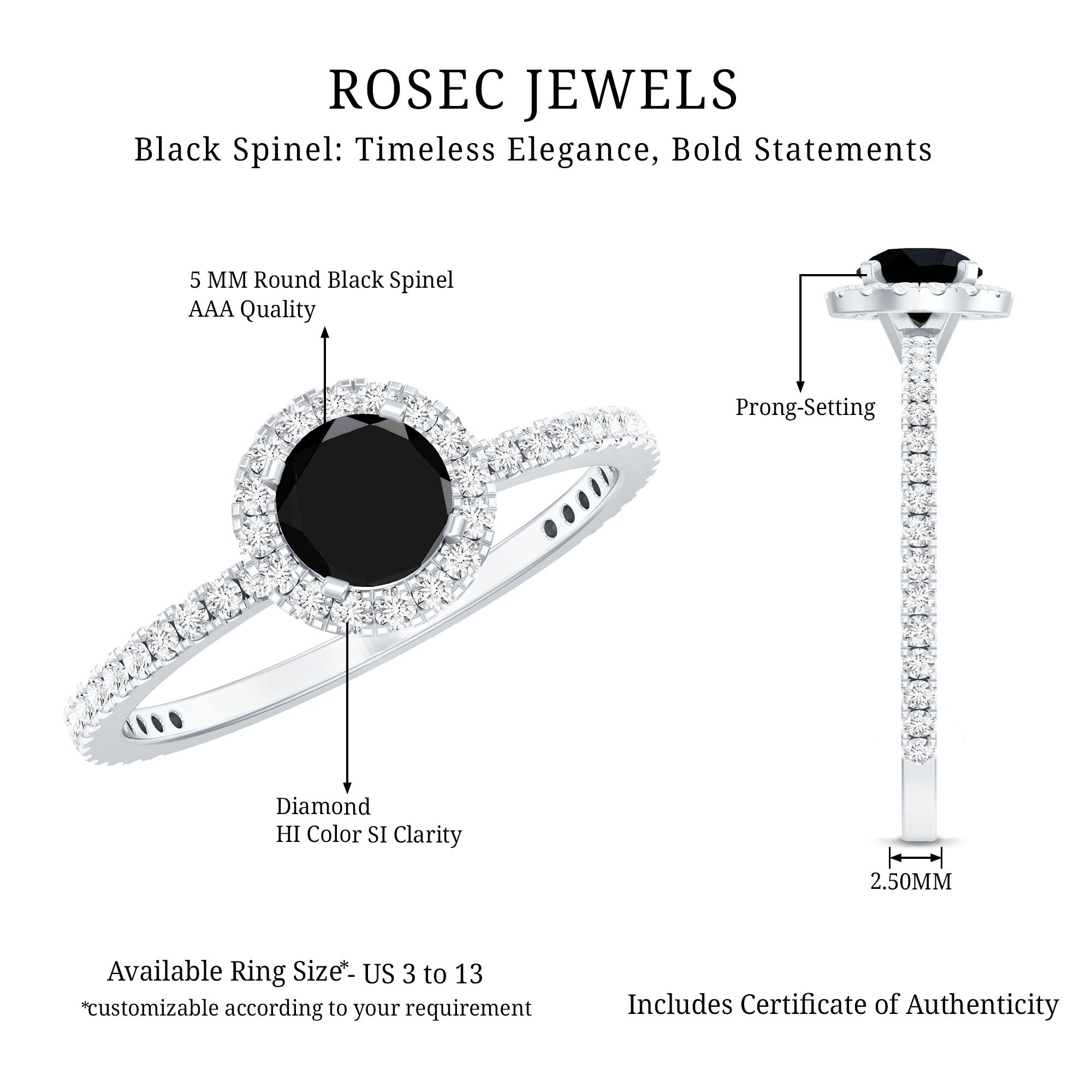 Black Spinel Minimal Engagement Ring with Diamond Halo AAA - Rosec Jewels