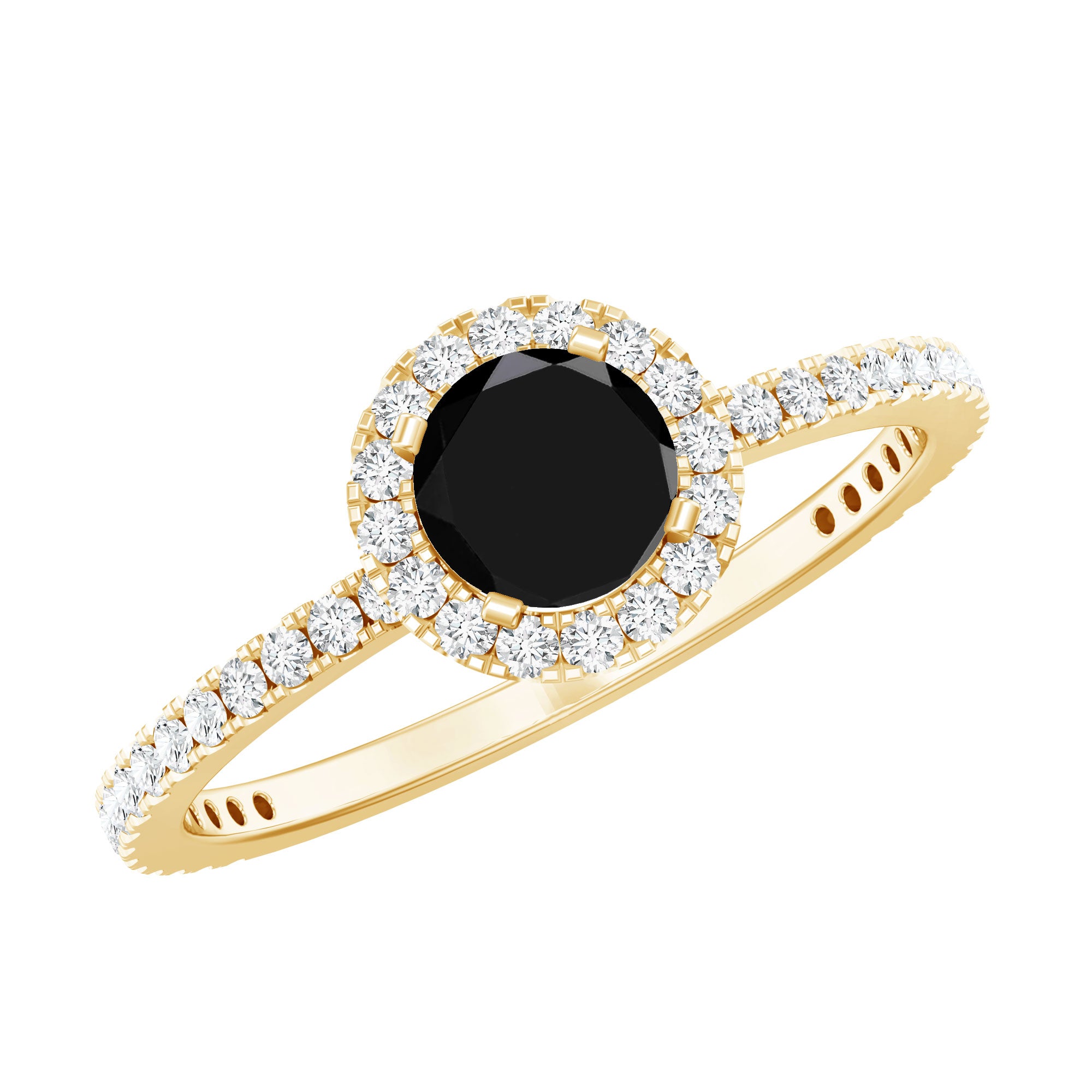 Black Spinel Minimal Engagement Ring with Diamond Halo AAA - Rosec Jewels