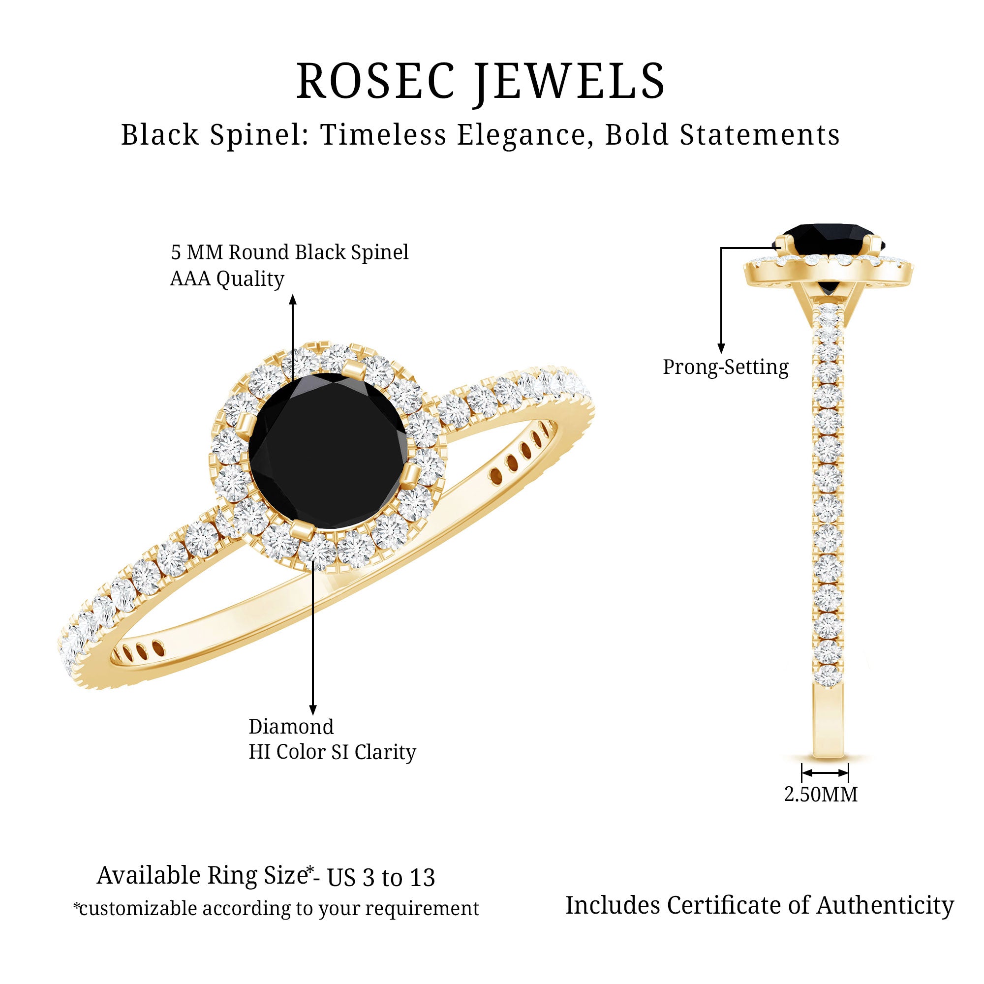 Black Spinel Minimal Engagement Ring with Diamond Halo AAA - Rosec Jewels