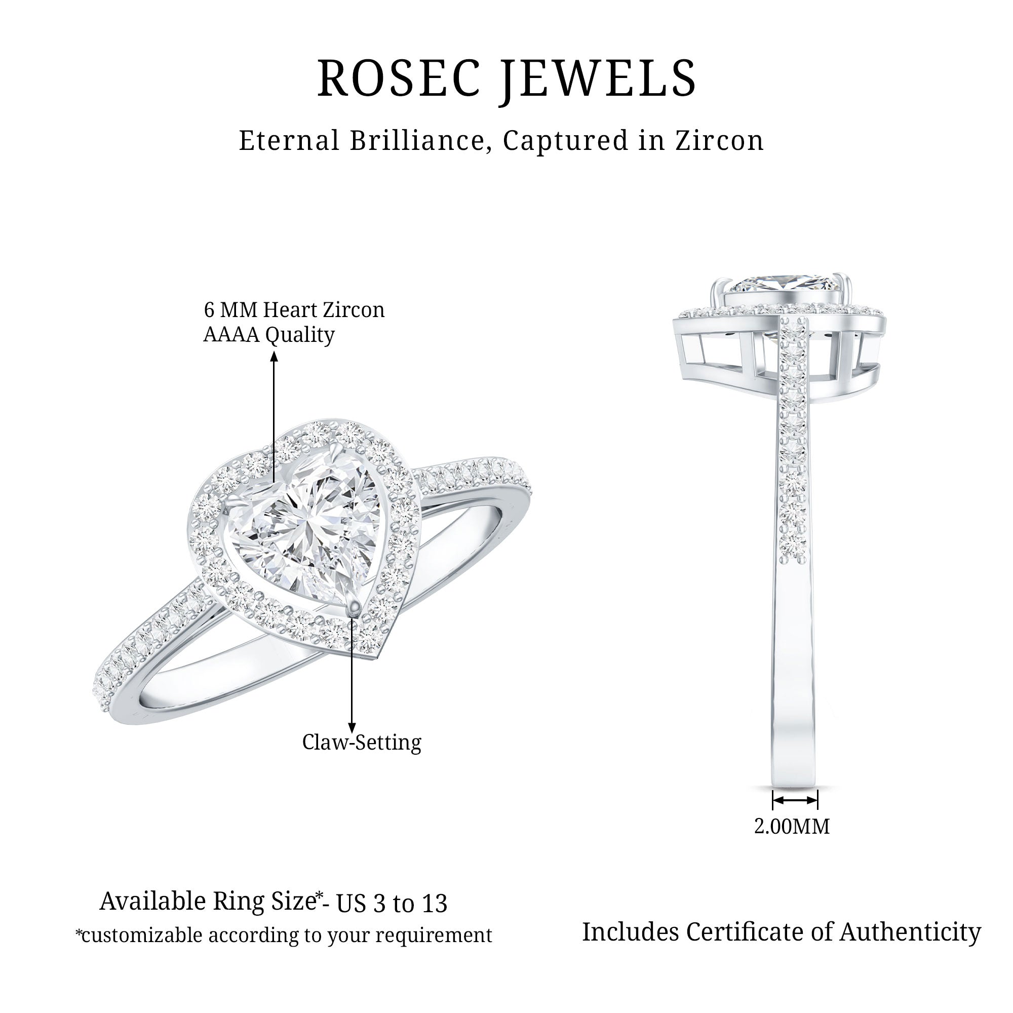 1.50 CT Heart Shape Cubic Zirconia Engagement Ring with Accent AAAA - Rosec Jewels