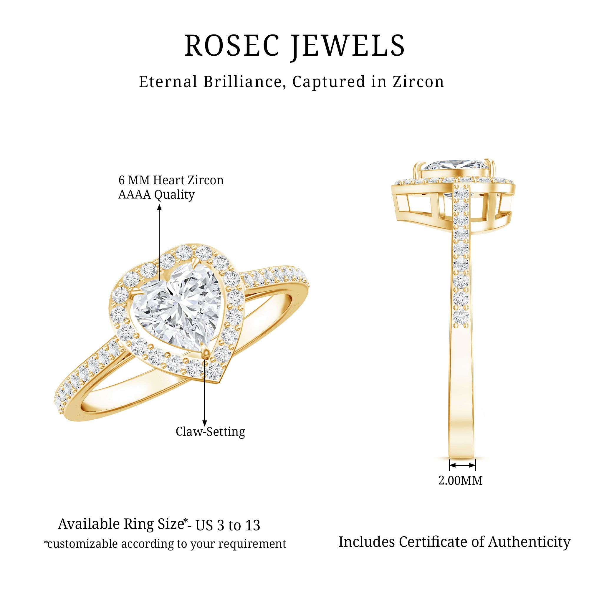 1.50 CT Heart Shape Cubic Zirconia Engagement Ring with Accent AAAA - Rosec Jewels