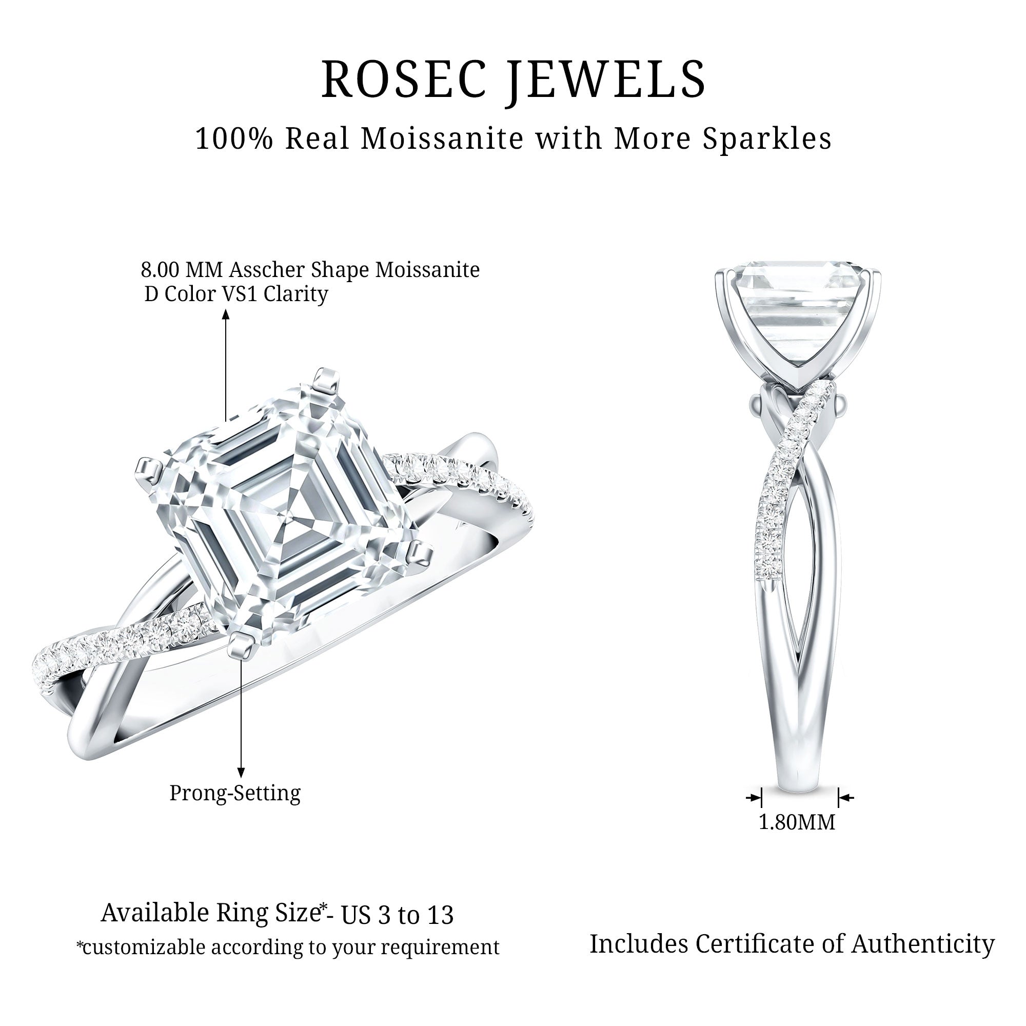 Certified Moissanite Asscher Cut Engagement Ring with Twisted Shank D-VS1 - Rosec Jewels