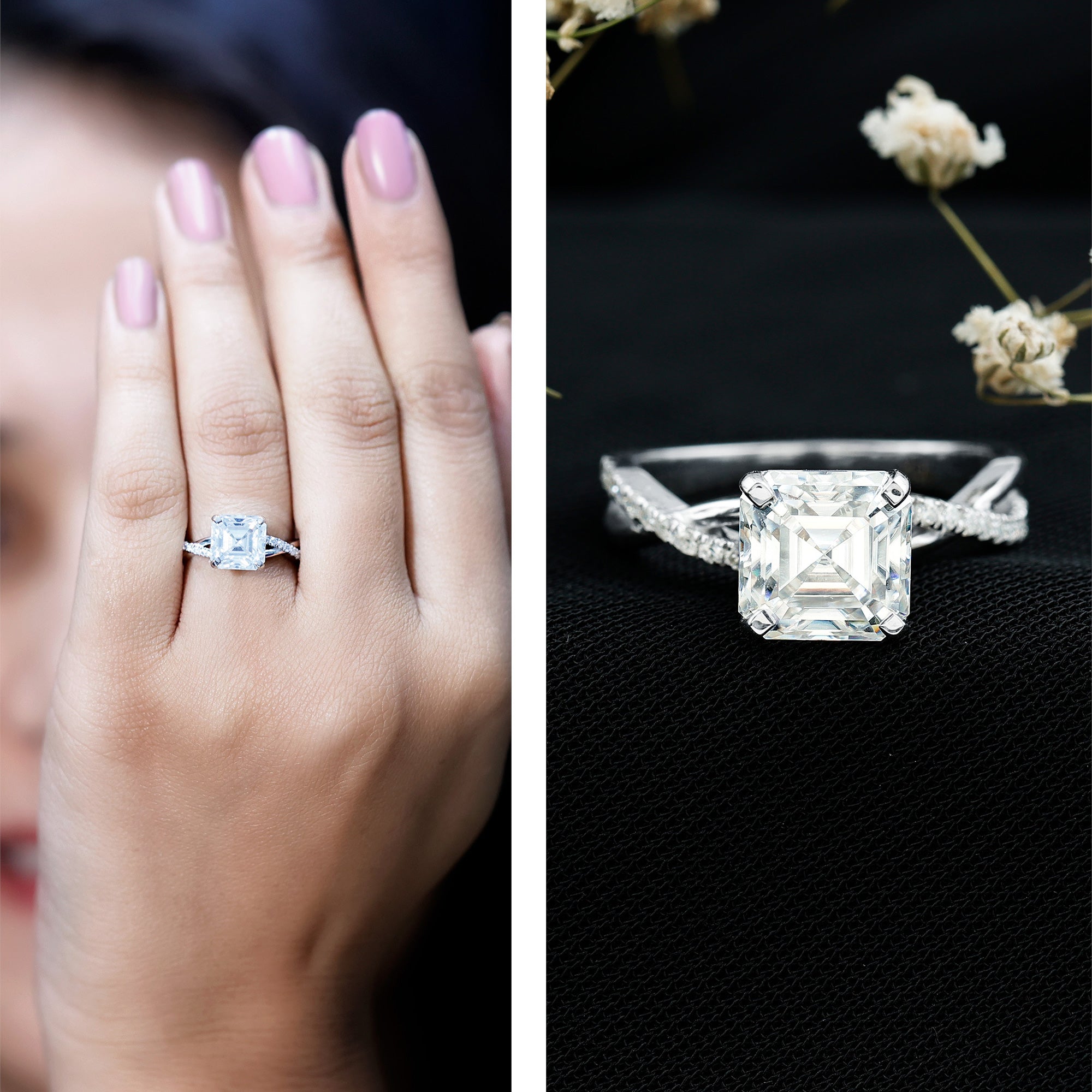 Certified Moissanite Asscher Cut Engagement Ring with Twisted Shank D-VS1 - Rosec Jewels