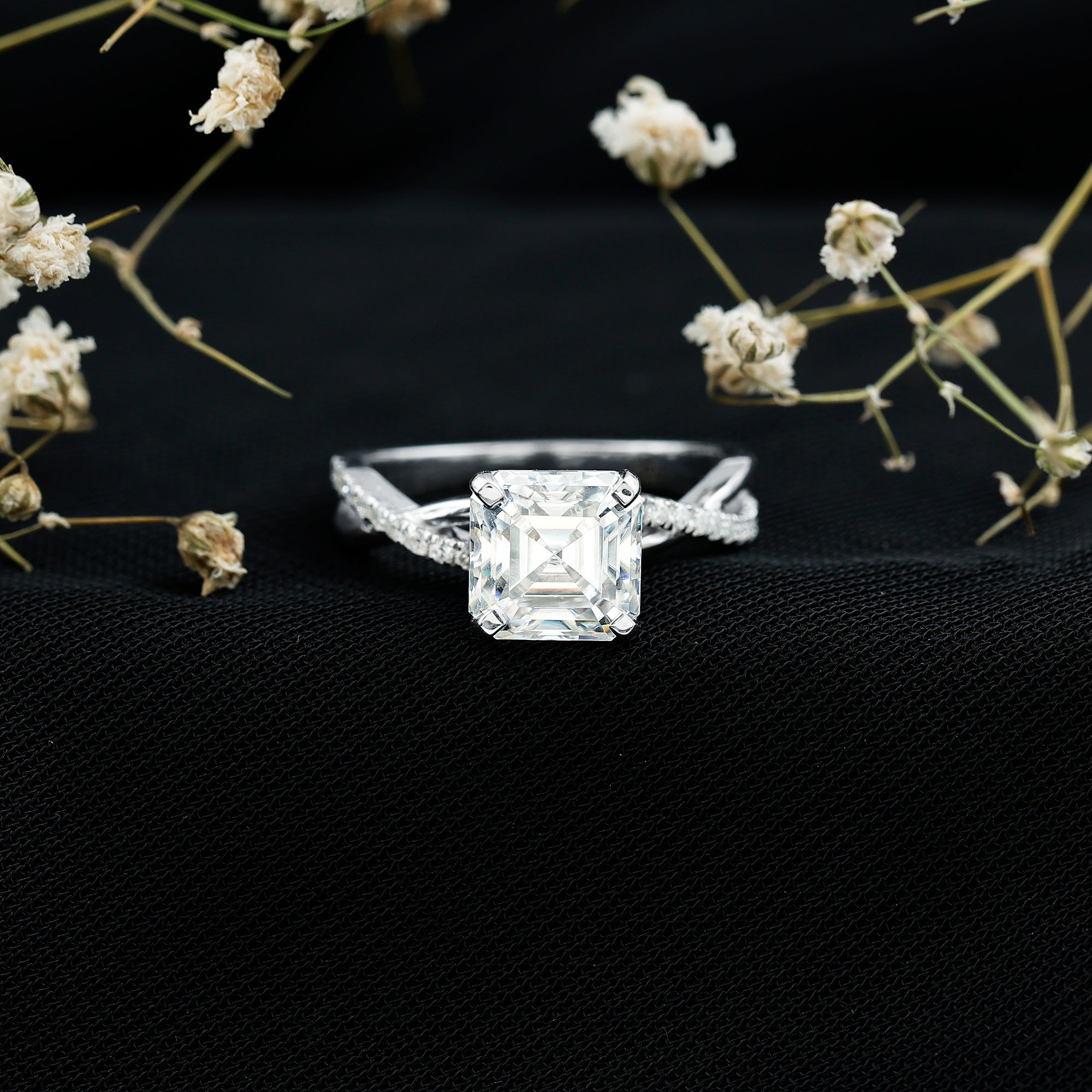 Certified Moissanite Asscher Cut Engagement Ring with Twisted Shank D-VS1 - Rosec Jewels