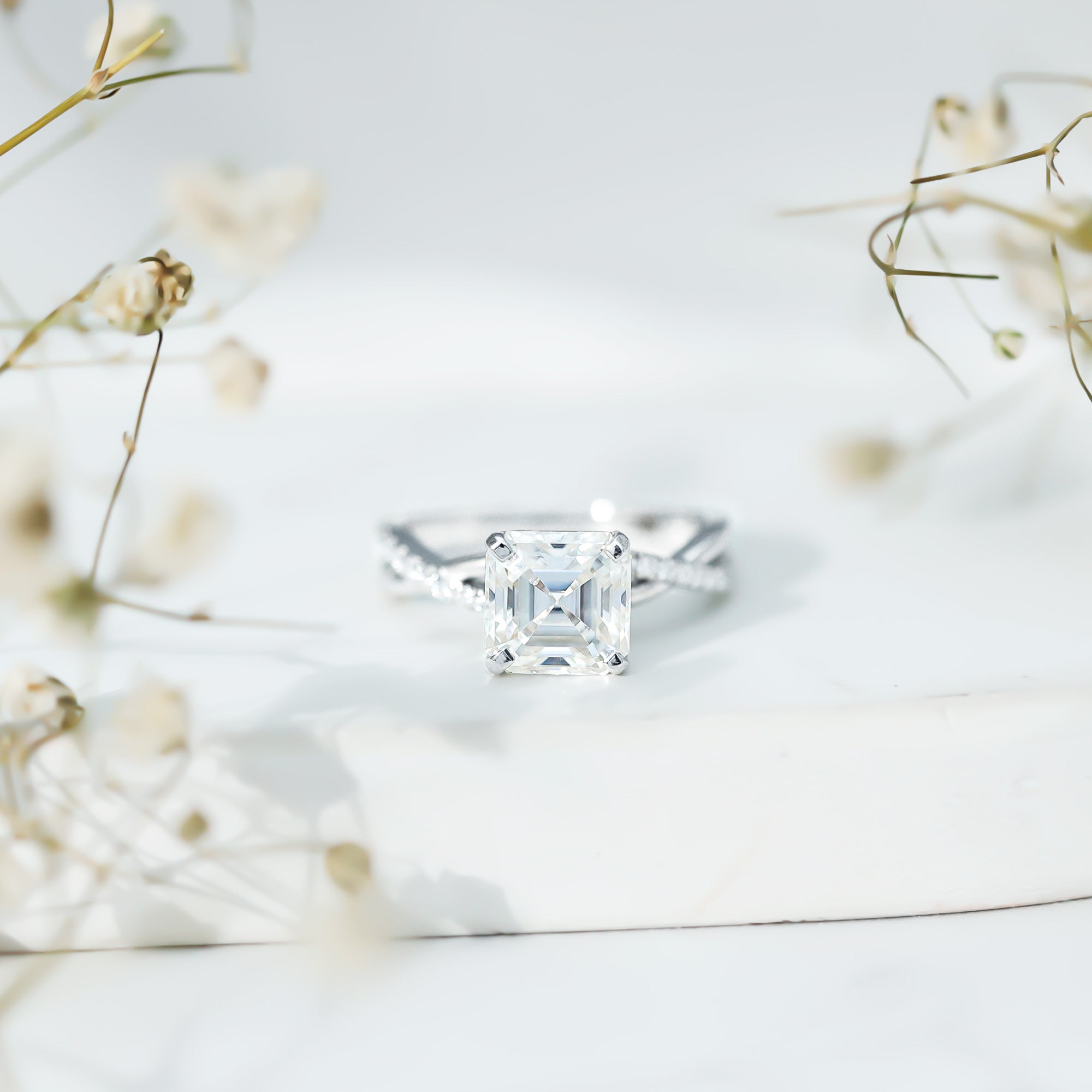 Certified Moissanite Asscher Cut Engagement Ring with Twisted Shank D-VS1 - Rosec Jewels