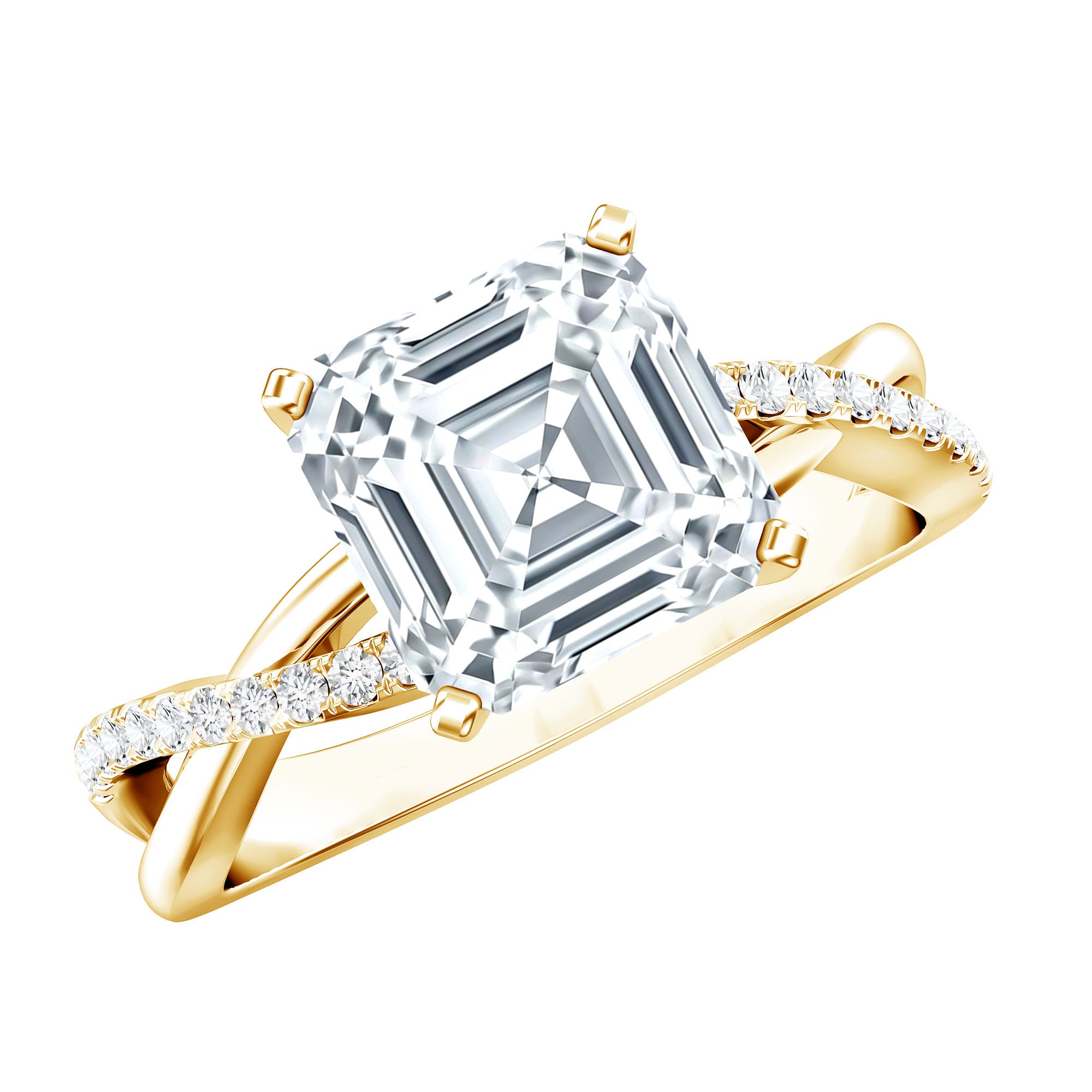 Certified Moissanite Asscher Cut Engagement Ring with Twisted Shank D-VS1 - Rosec Jewels