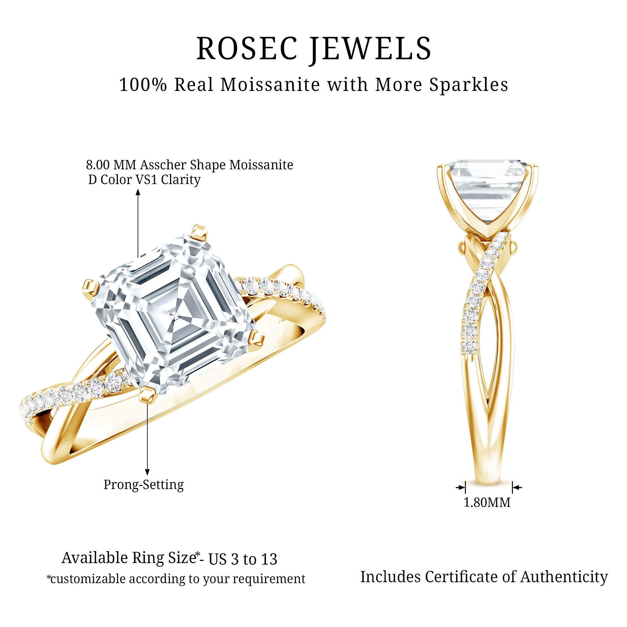 Certified Moissanite Asscher Cut Engagement Ring with Twisted Shank D-VS1 - Rosec Jewels