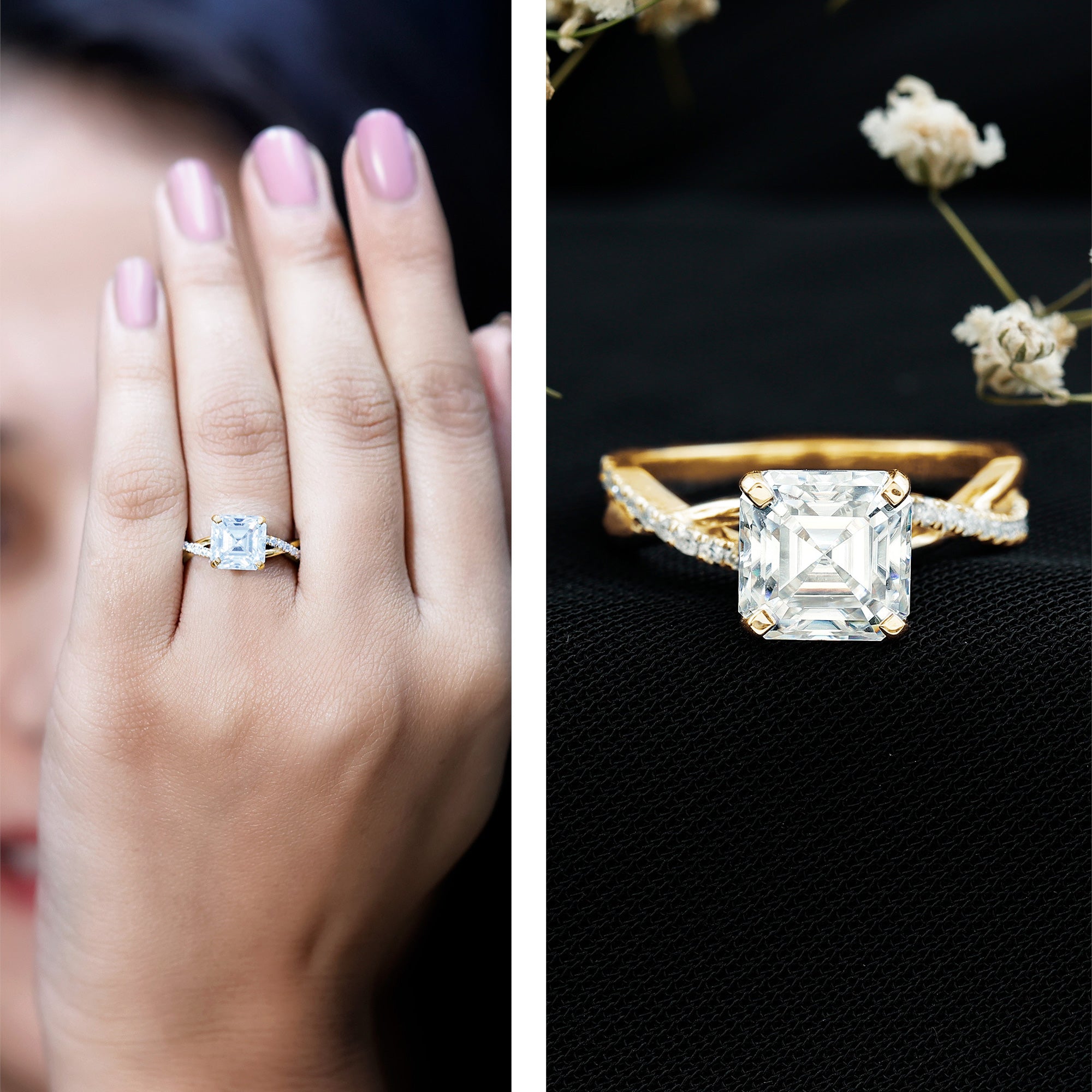 Certified Moissanite Asscher Cut Engagement Ring with Twisted Shank D-VS1 - Rosec Jewels