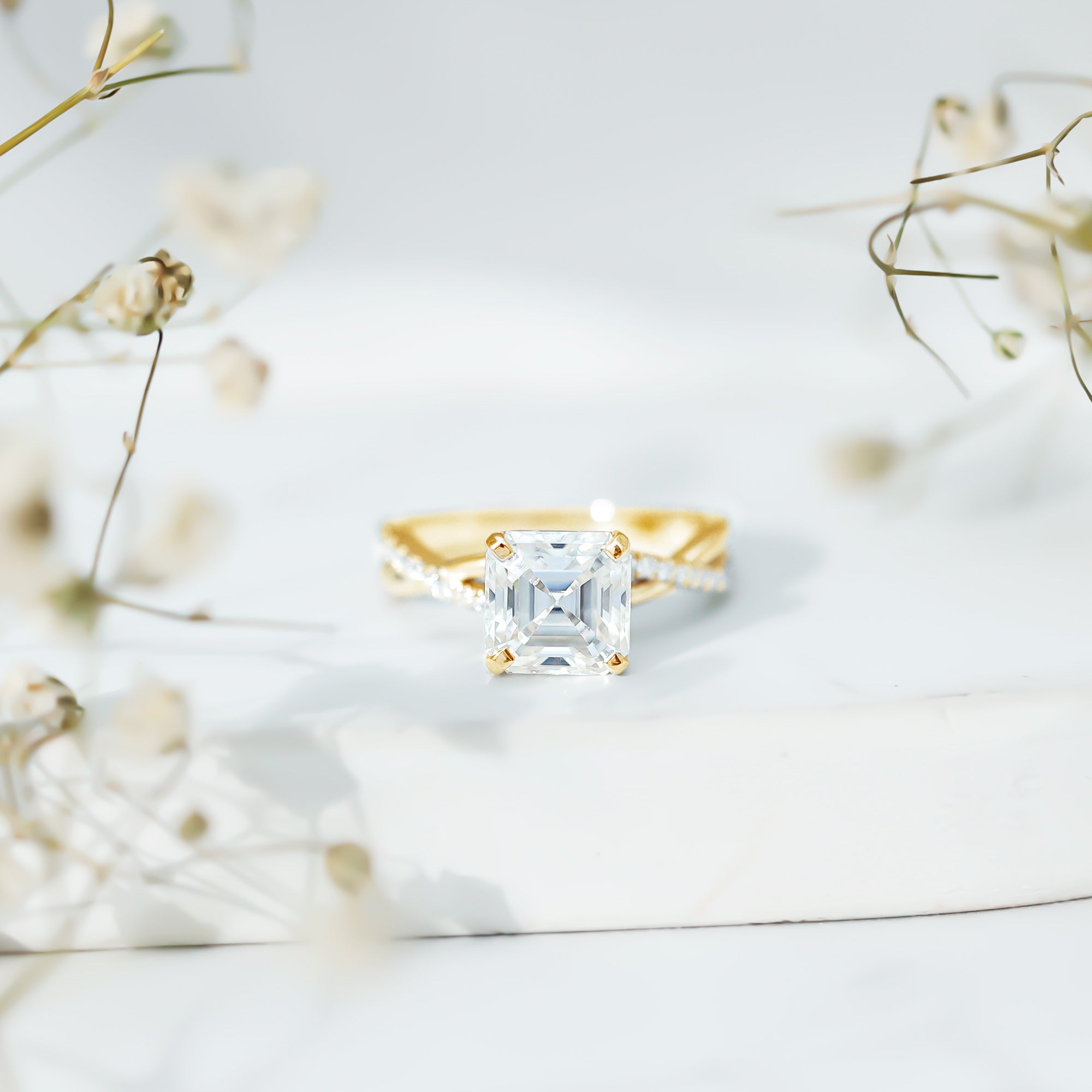Certified Moissanite Asscher Cut Engagement Ring with Twisted Shank D-VS1 - Rosec Jewels