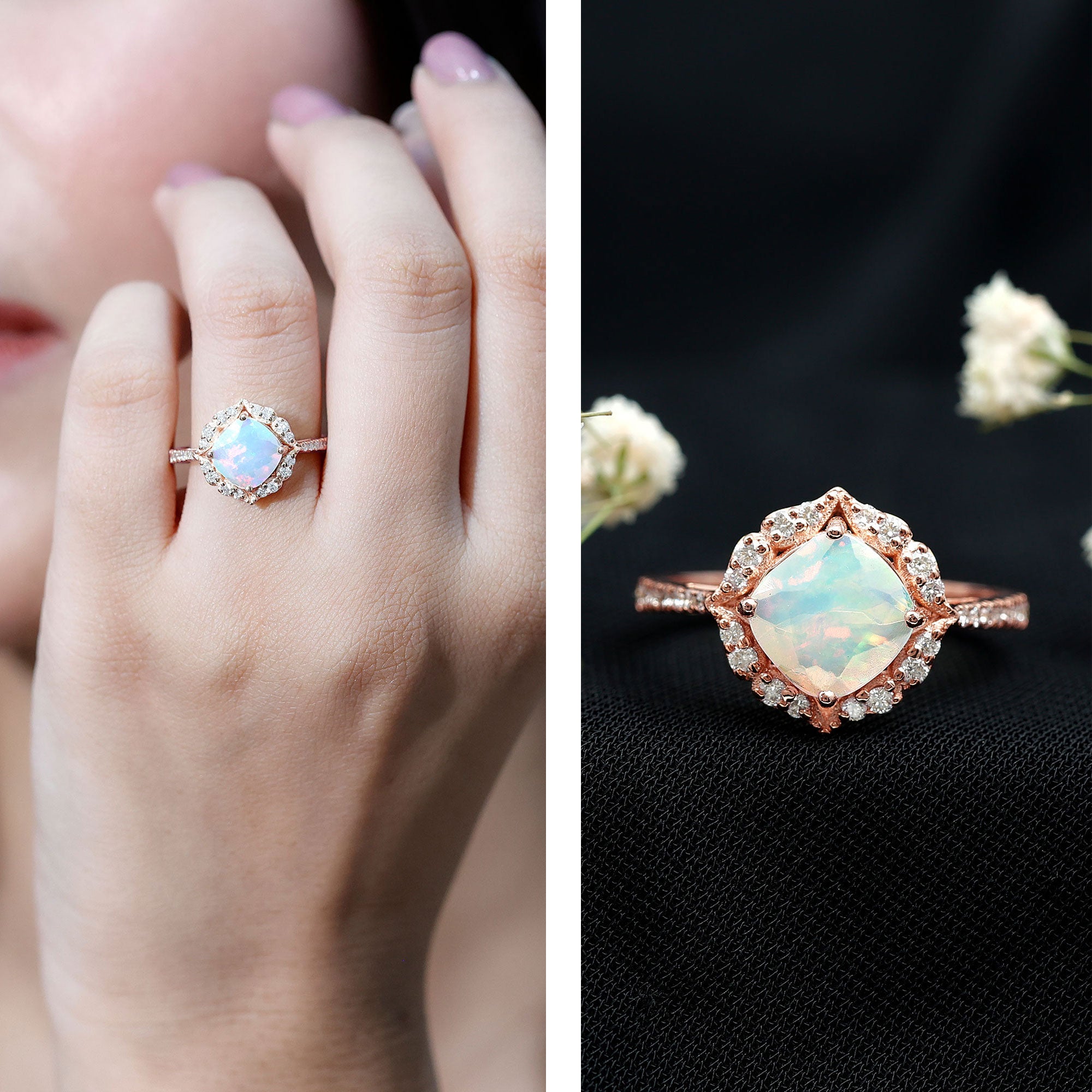 Certified Real 8mm Opalescent Vintage Inspired Engagement Ring with Diamond Halo AAA - Rosec Jewels