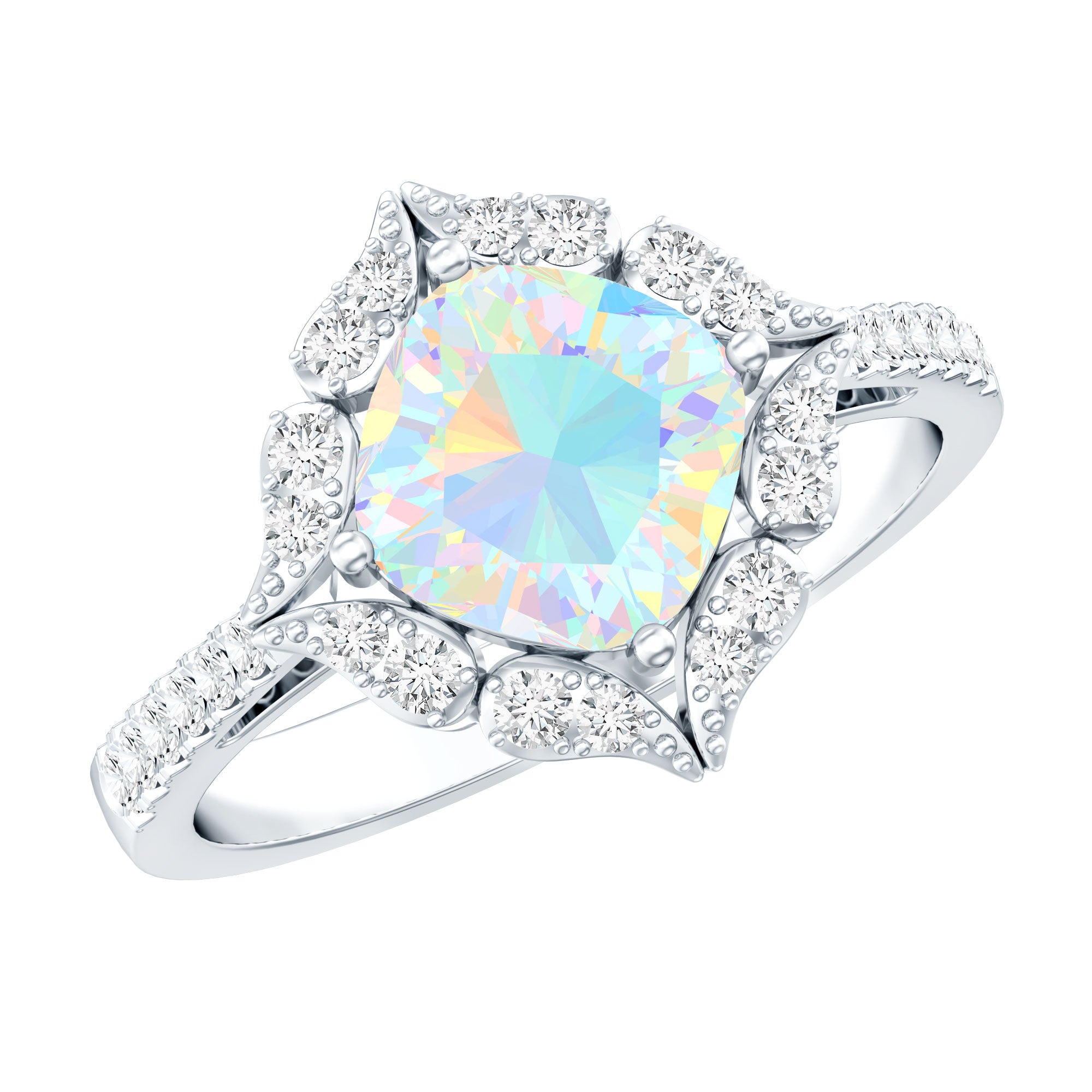 Certified Real 8mm Opalescent Vintage Inspired Engagement Ring with Diamond Halo AAA - Rosec Jewels