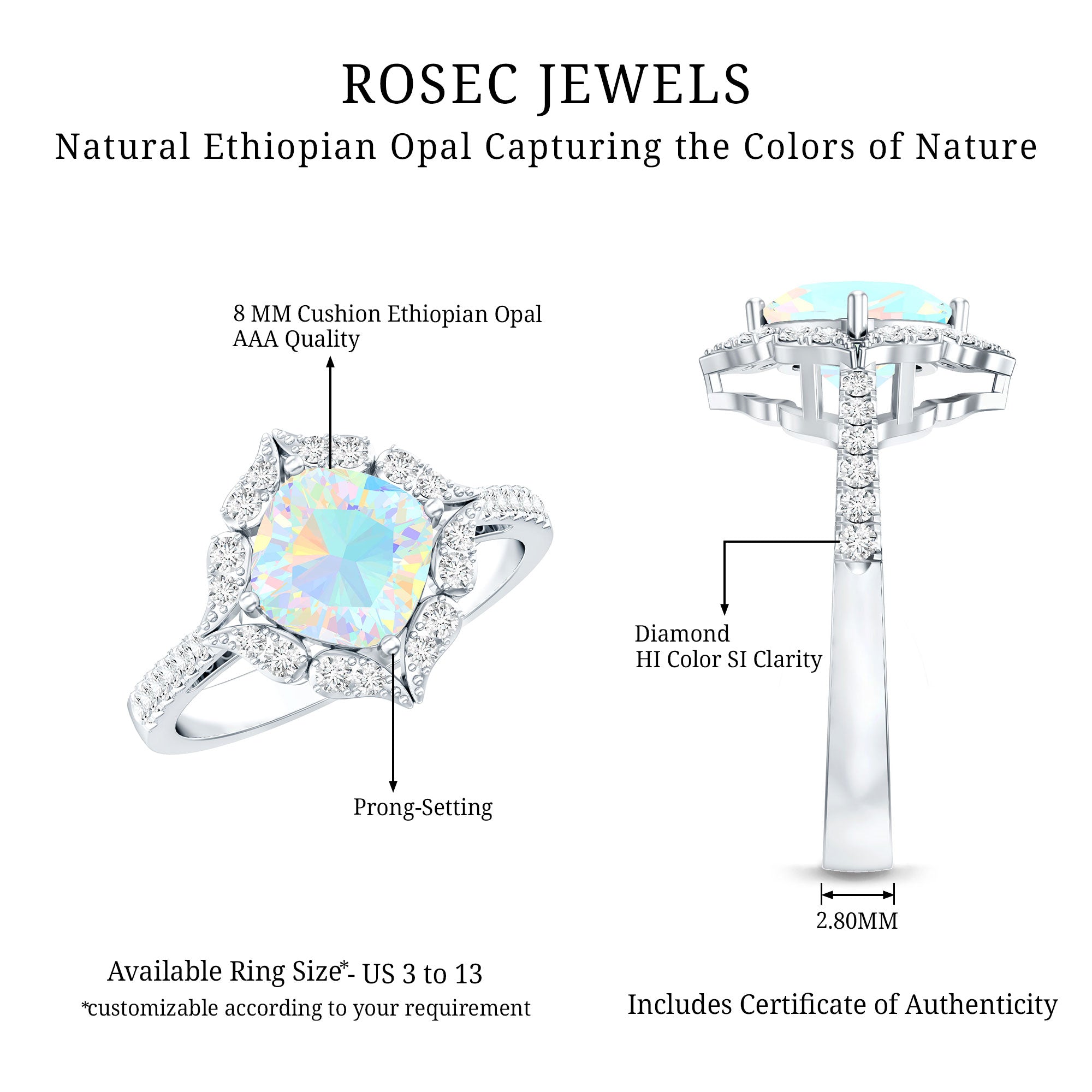 Certified Real 8mm Opalescent Vintage Inspired Engagement Ring with Diamond Halo AAA - Rosec Jewels