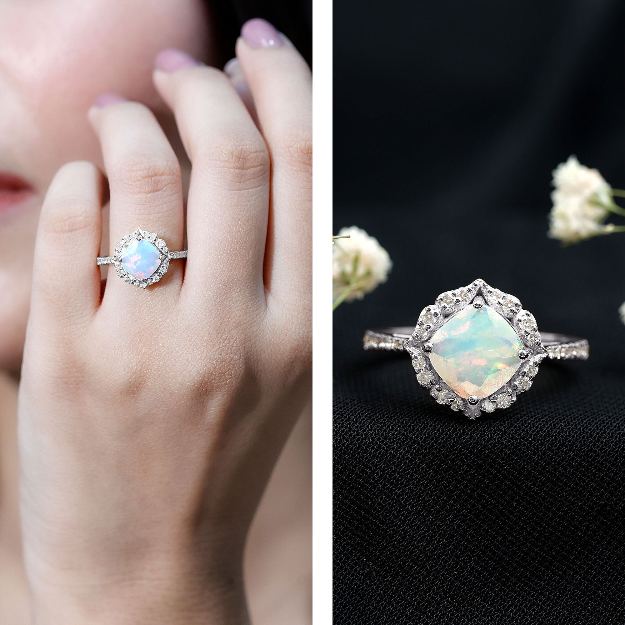 Certified Real 8mm Opalescent Vintage Inspired Engagement Ring with Diamond Halo AAA - Rosec Jewels
