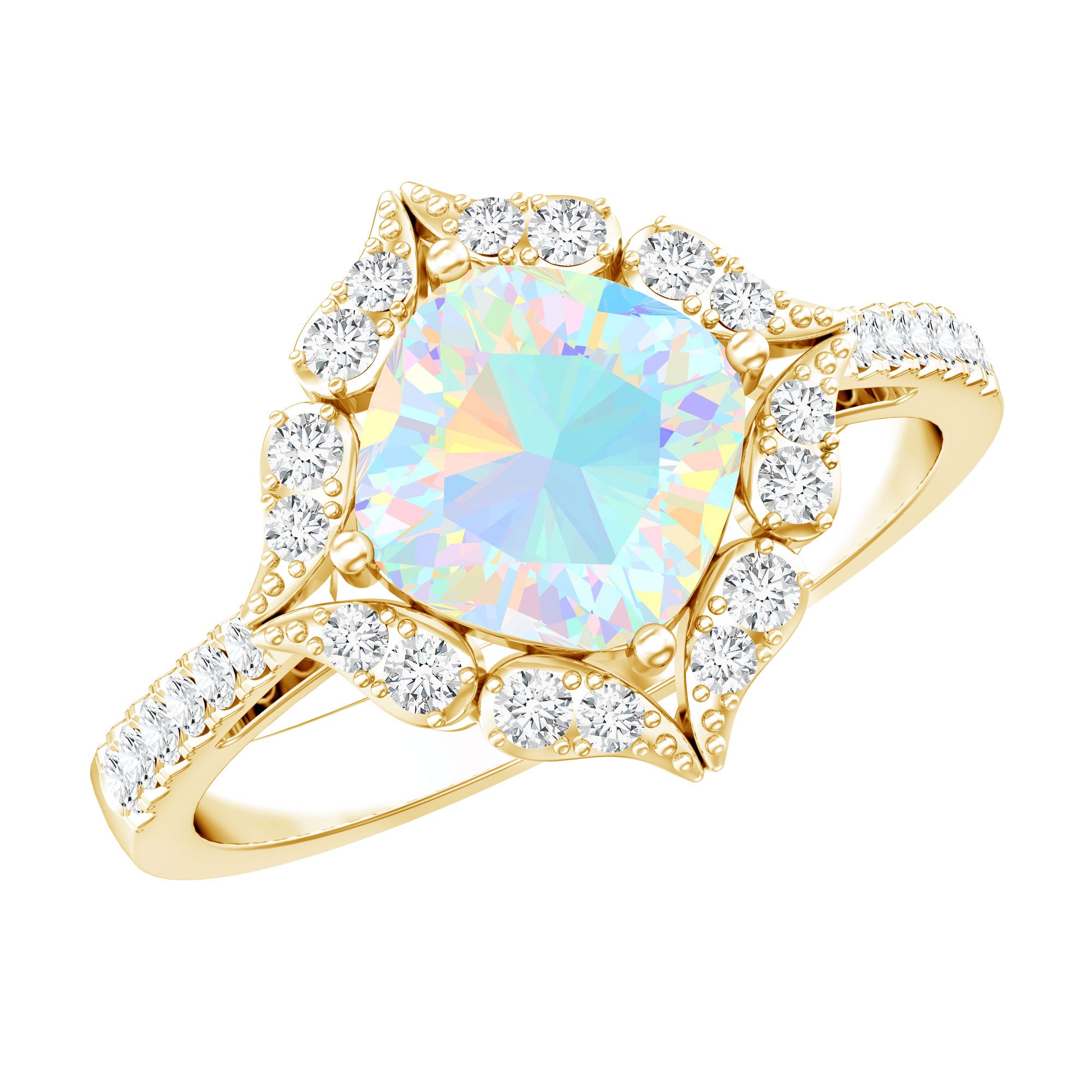 Certified Real 8mm Opalescent Vintage Inspired Engagement Ring with Diamond Halo AAA - Rosec Jewels