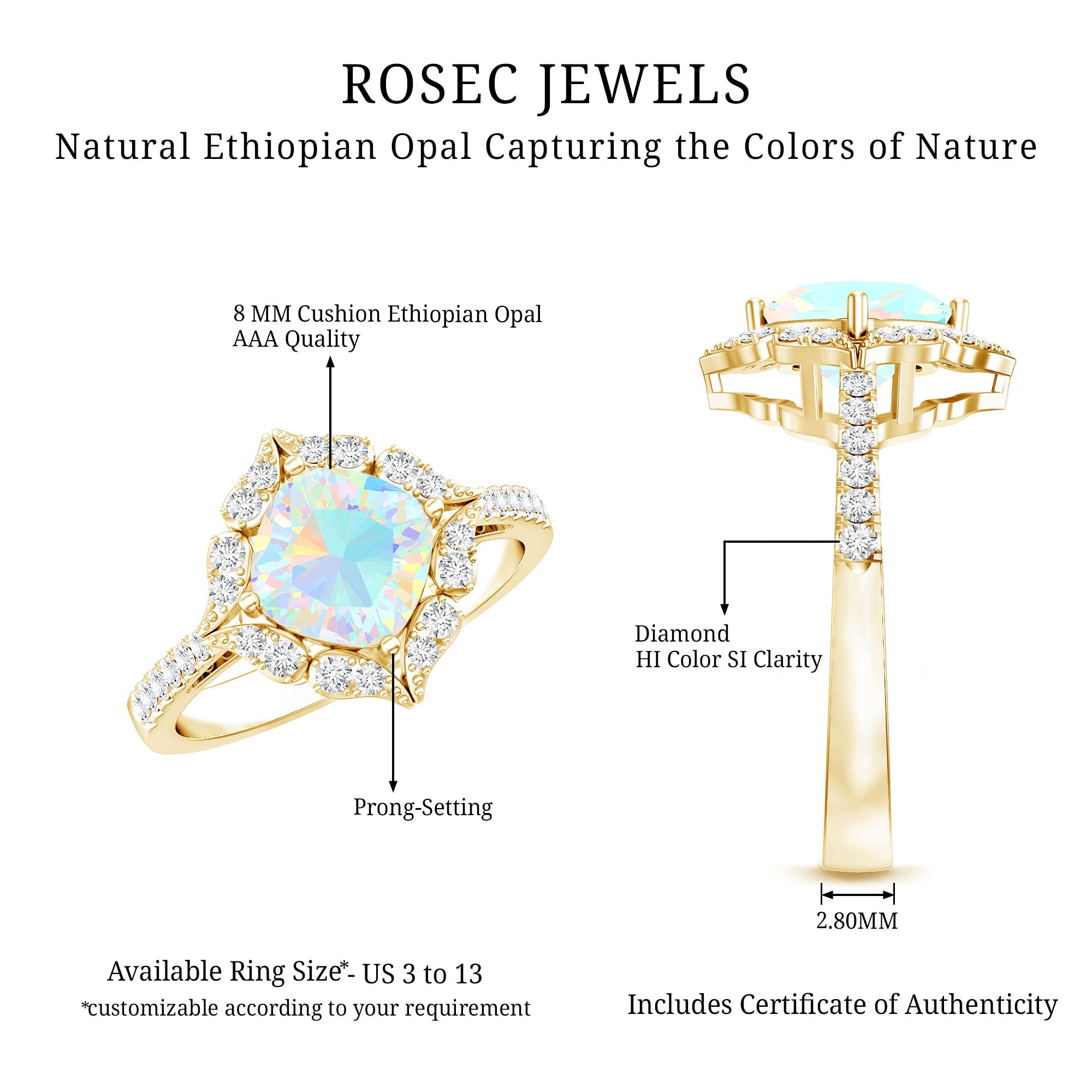 Certified Real 8mm Opalescent Vintage Inspired Engagement Ring with Diamond Halo AAA - Rosec Jewels