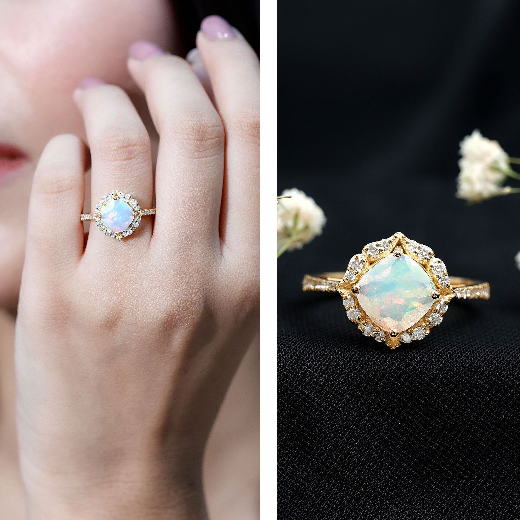 Certified Real 8mm Opalescent Vintage Inspired Engagement Ring with Diamond Halo AAA - Rosec Jewels