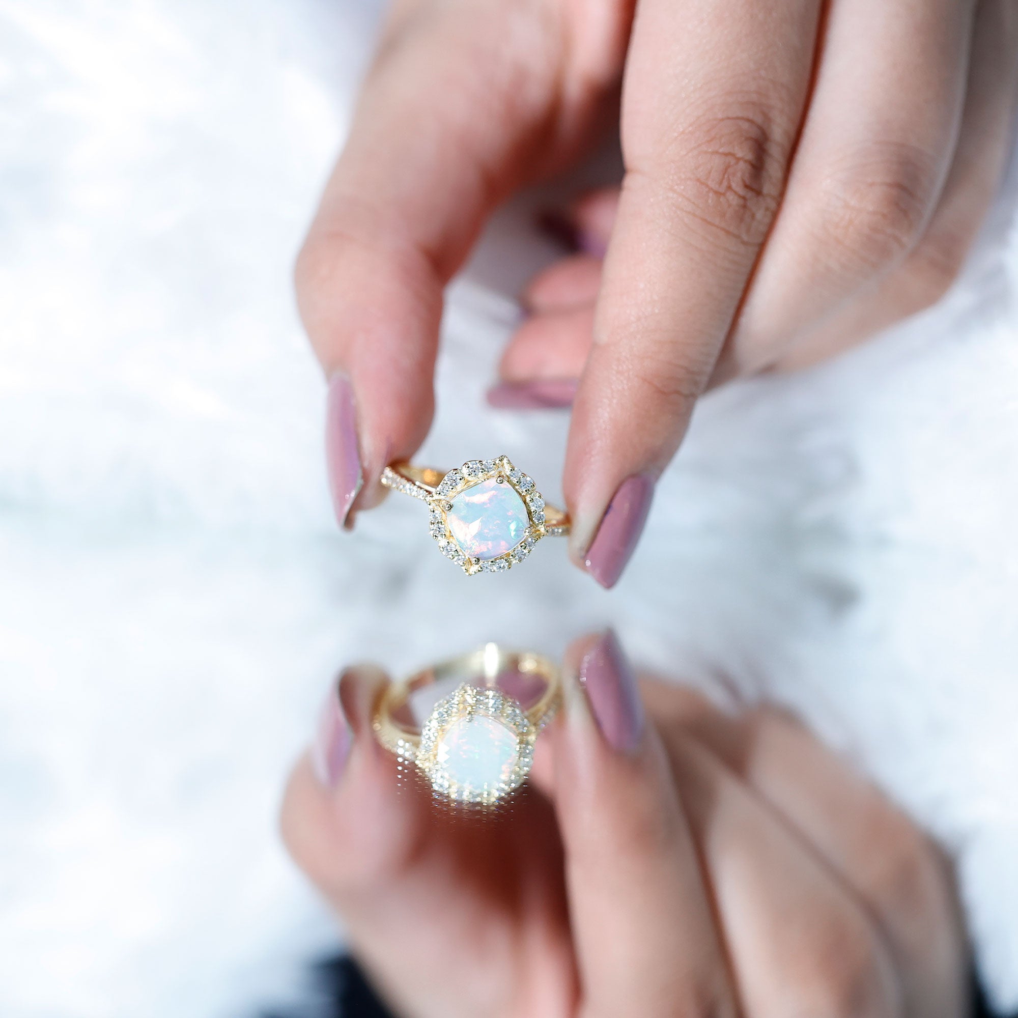 Certified Real 8mm Opalescent Vintage Inspired Engagement Ring with Diamond Halo AAA - Rosec Jewels