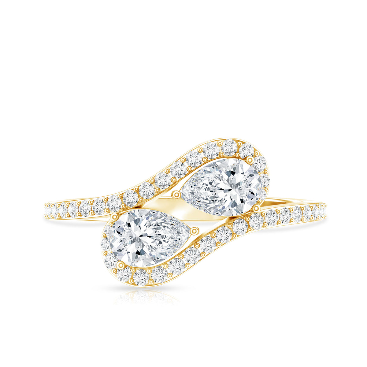 Pear Cut Moissanite 2 Stone Engagement Ring with Bypass Shank D-VS1 - Rosec Jewels