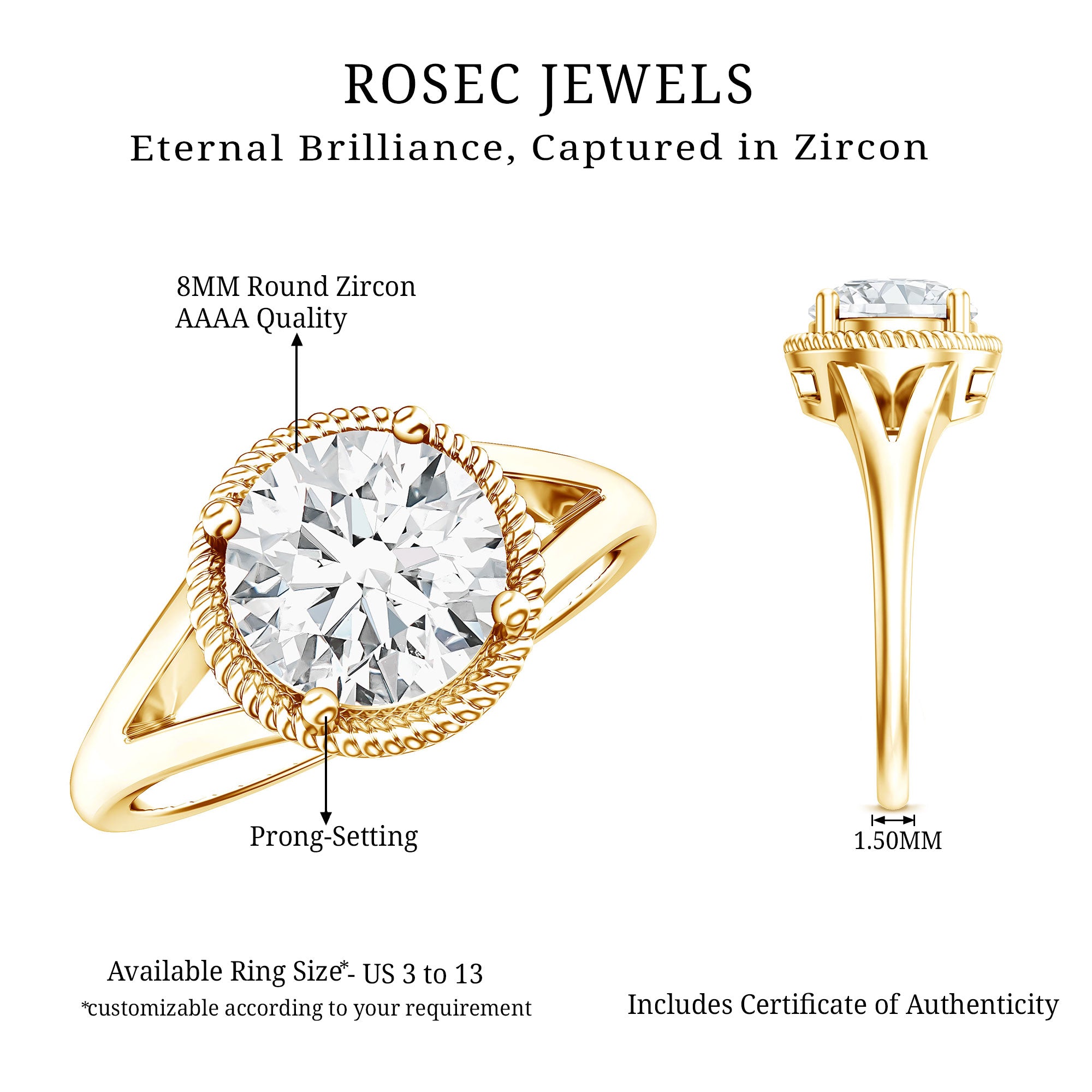 2 Carat Round Cubic Zirconia Solitaire Engagement Ring in Split Shank AAAA - Rosec Jewels