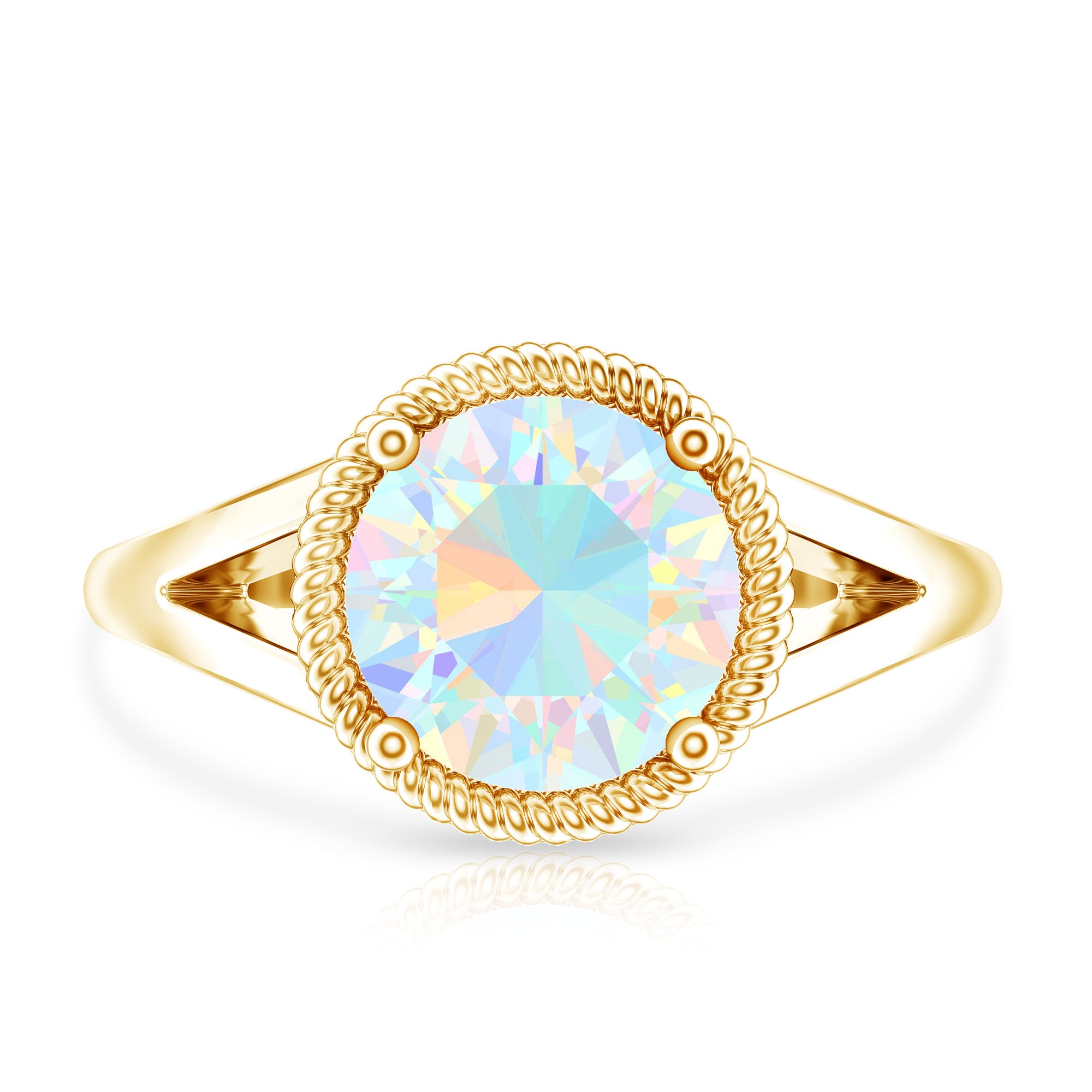 Certified Real 8 mm Round Ethiopian Opal Split Shank Engagement Ring with Twisted Rope AAA - Rosec Jewels