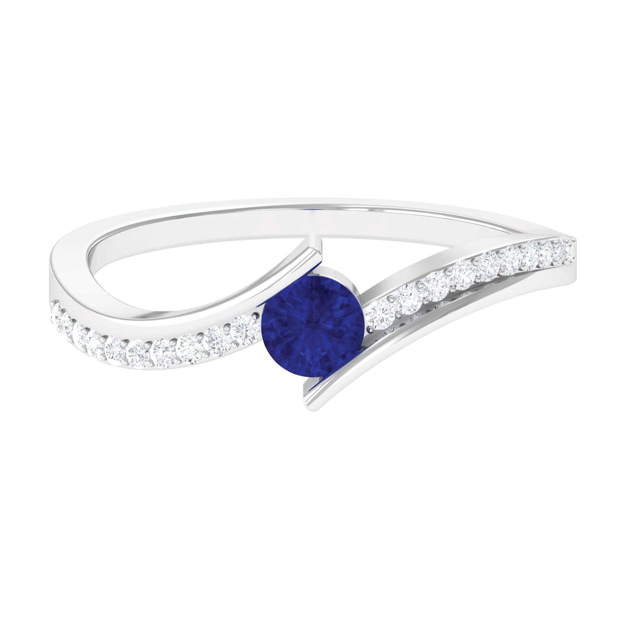 Round Genuine Blue Sapphire Bypass Engagement Ring with Diamond AAA - Rosec Jewels