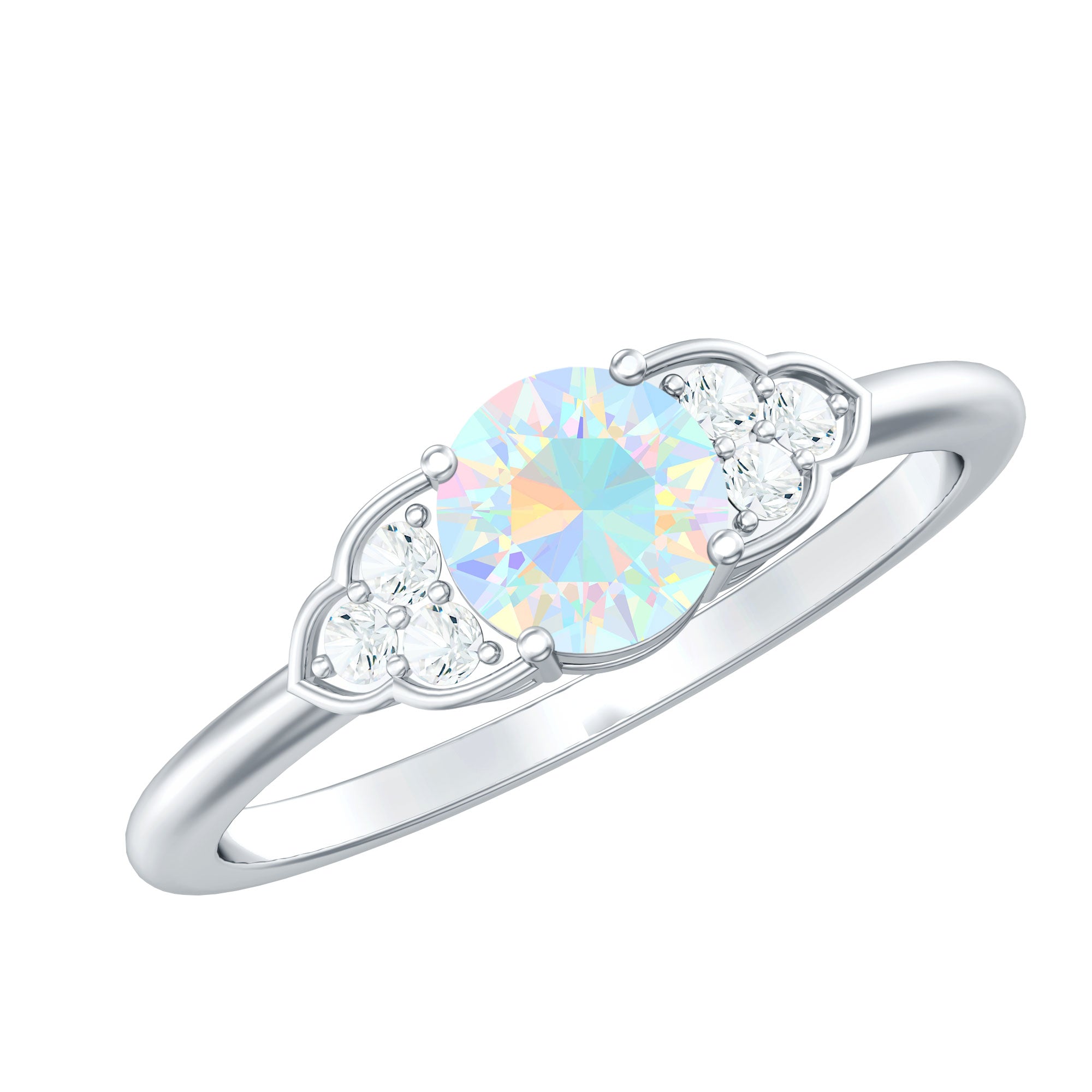 Natural Ethiopian Rainbow Opal Engagement Ring with Diamond Trio