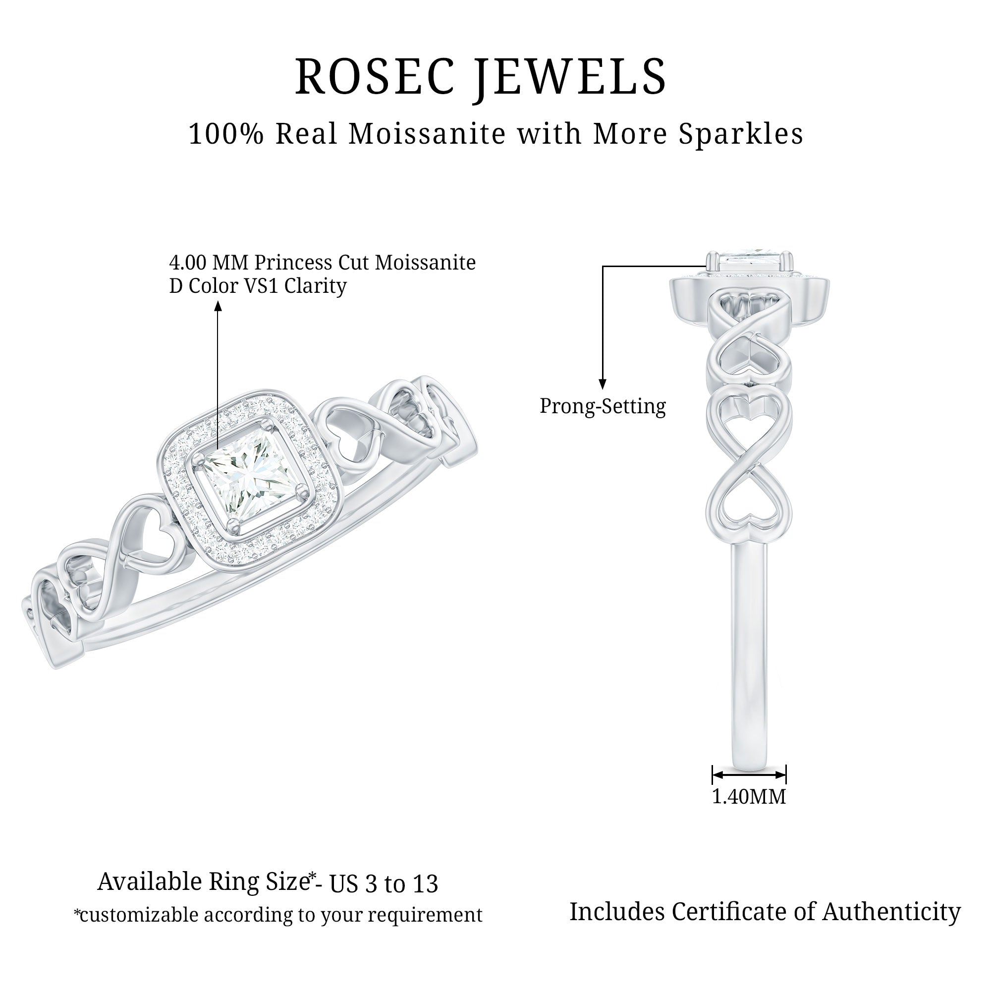 Certified Princess Cut Moissanite Infinity Engagement Ring D-VS1 - Rosec Jewels