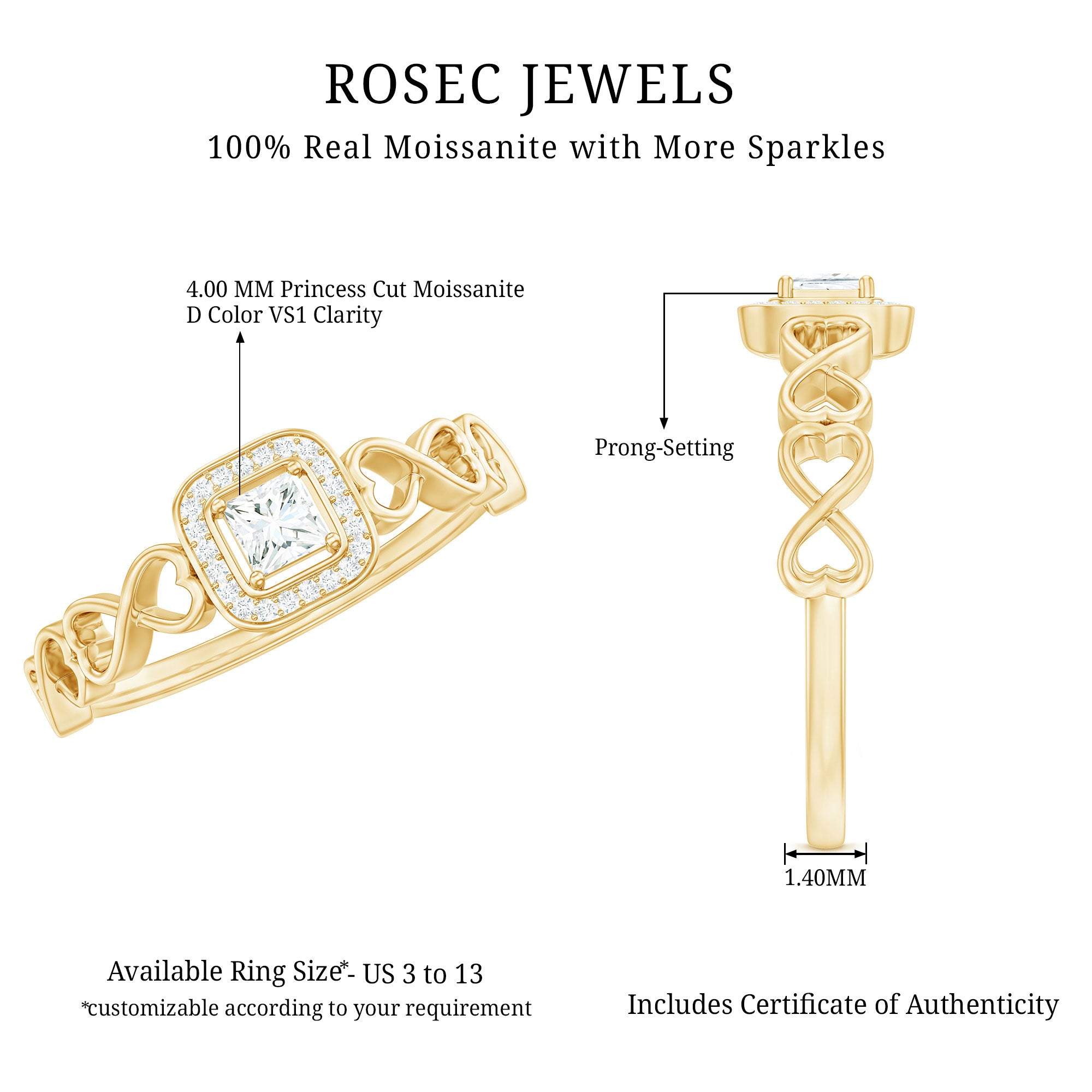 Certified Princess Cut Moissanite Infinity Engagement Ring D-VS1 - Rosec Jewels