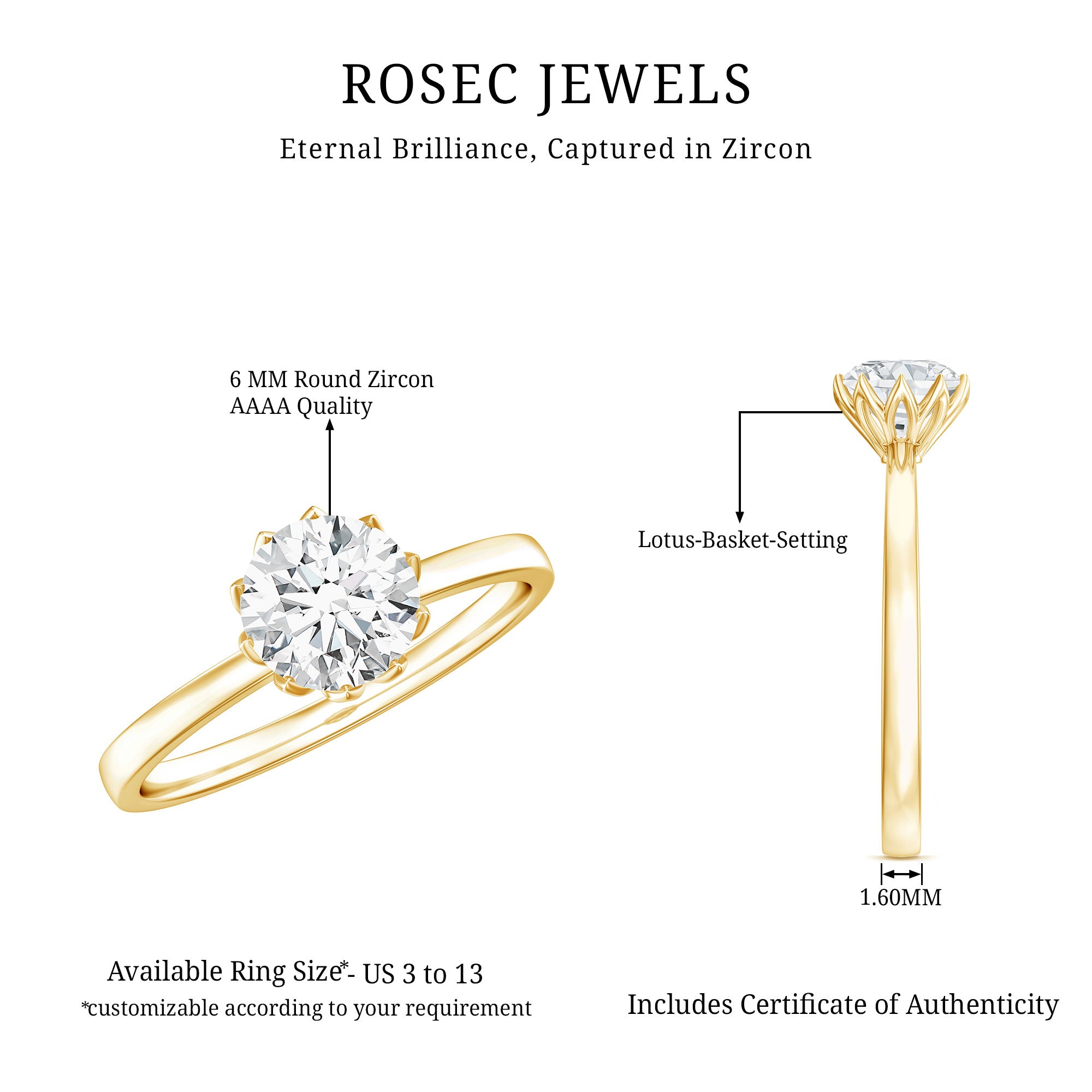 1 CT Simulated Diamond Solitaire Ring in Lotus Basket Setting AAAA - Rosec Jewels