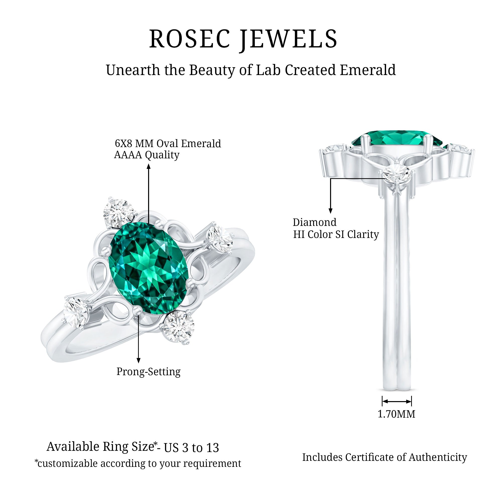 Vintage Inspired 1.2 Carat Lab Grown Emerald Oval Engagement Ring with Diamond AAAA - Rosec Jewels