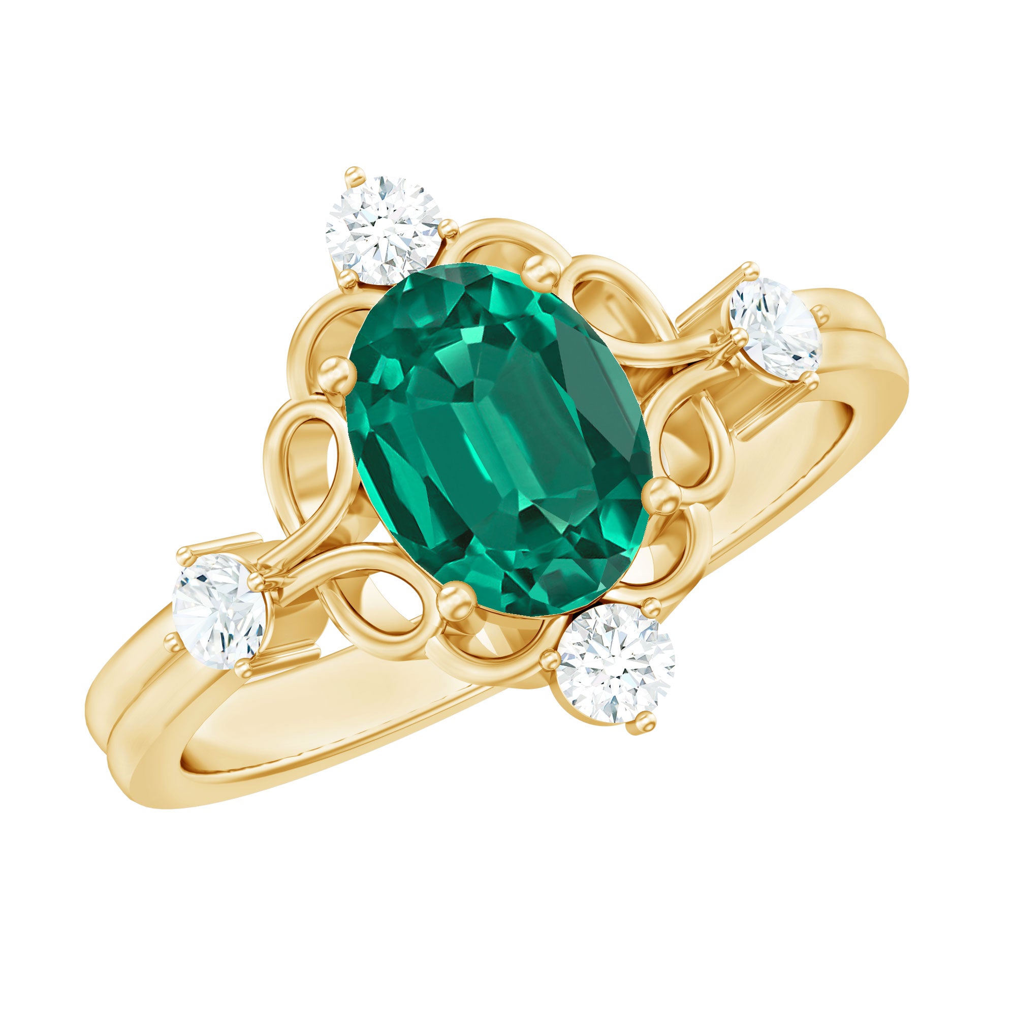 Vintage Inspired 1 Ct Lab Grown Emerald Oval Engagement Ring with Diamond AAAA - Rosec Jewels