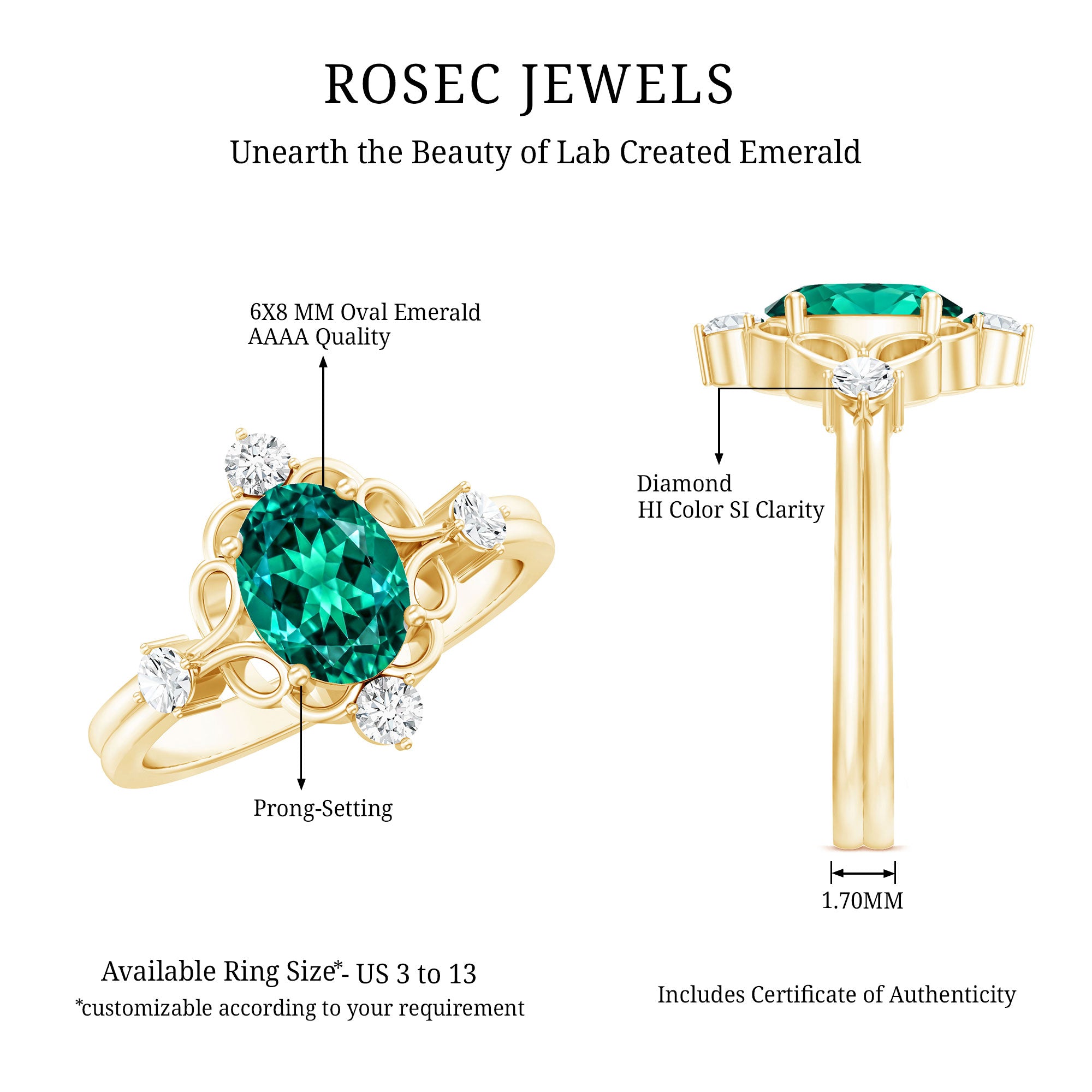 Vintage Inspired 1.2 Carat Lab Grown Emerald Oval Engagement Ring with Diamond AAAA - Rosec Jewels