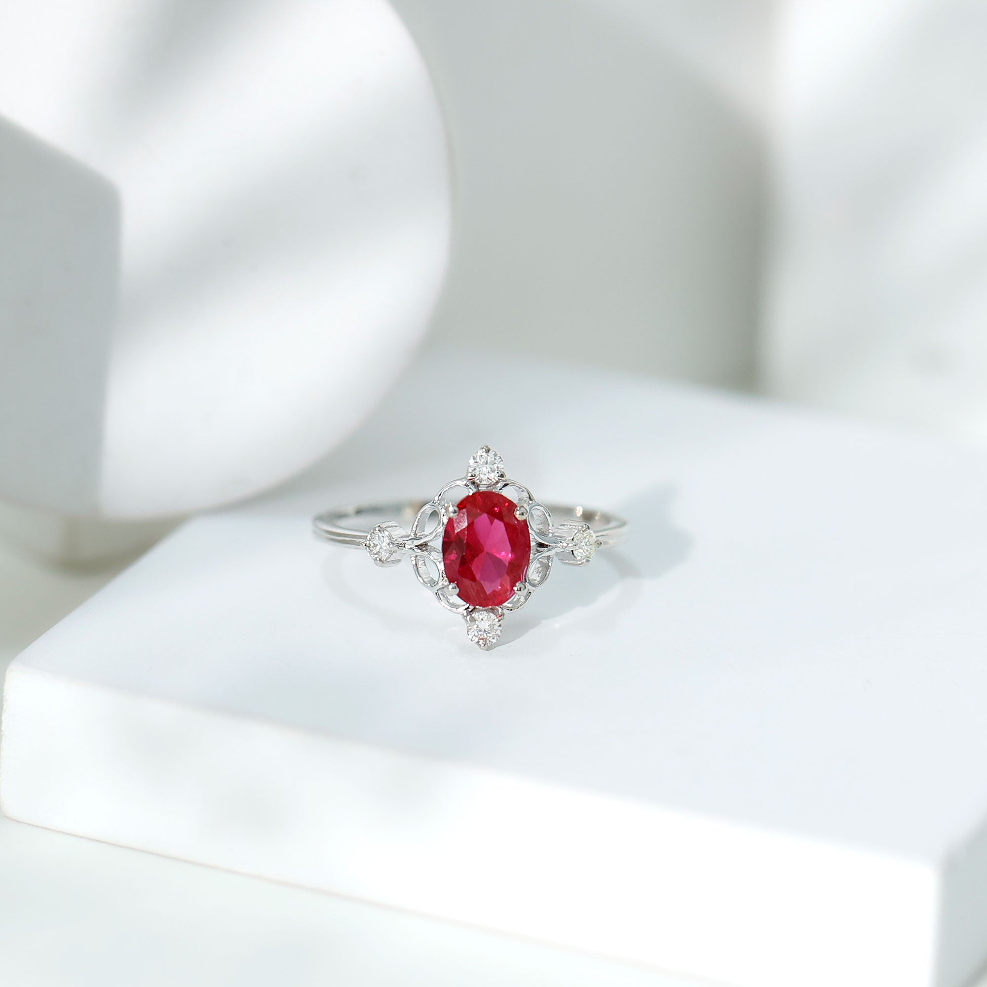 Oval Cut Created Ruby Solitaire Cocktail Ring with Diamond AAAA - Rosec Jewels