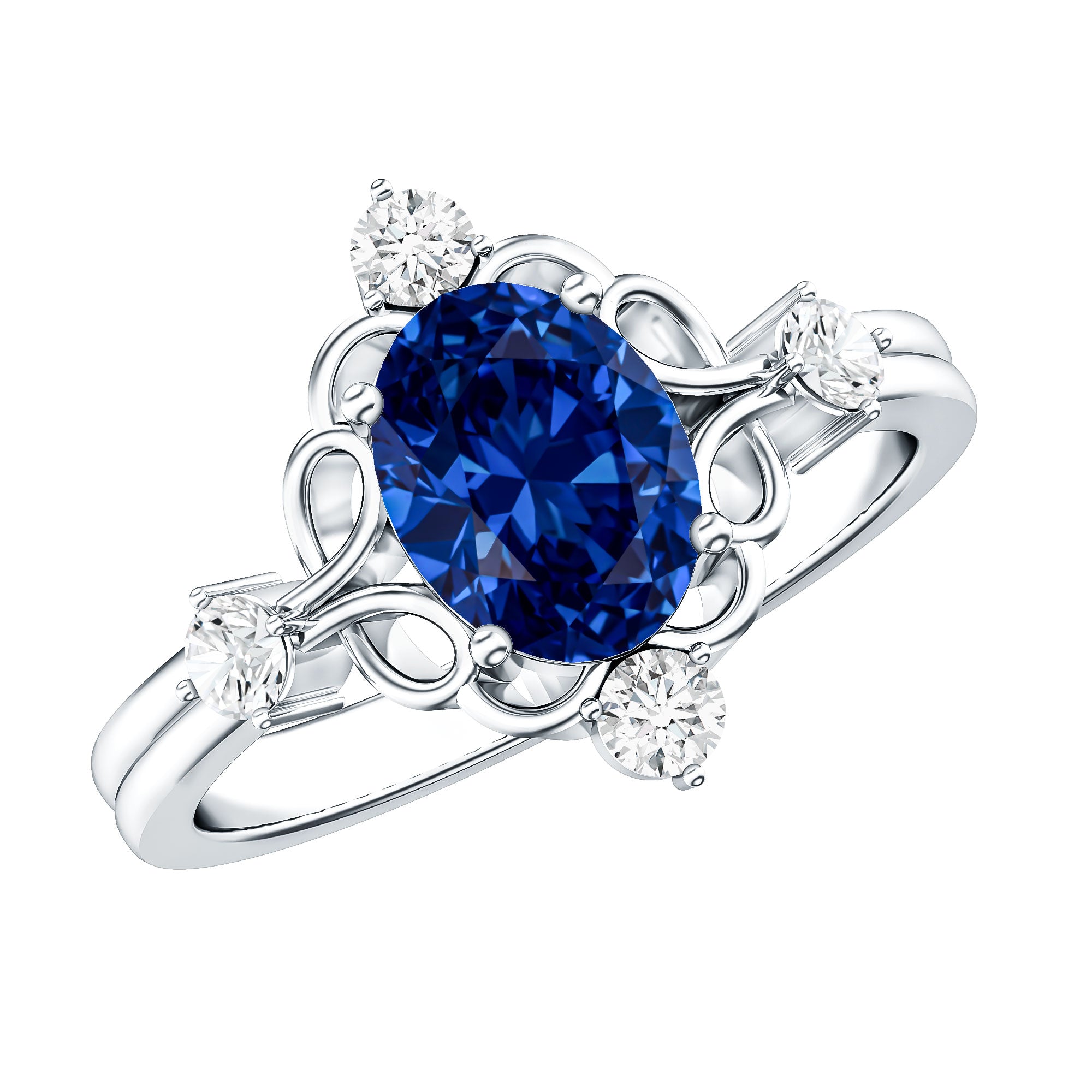 1.5 Carat Oval Cut Lab Grown Blue Sapphire Vintage Engagement Ring with Diamond AAAA - Rosec Jewels