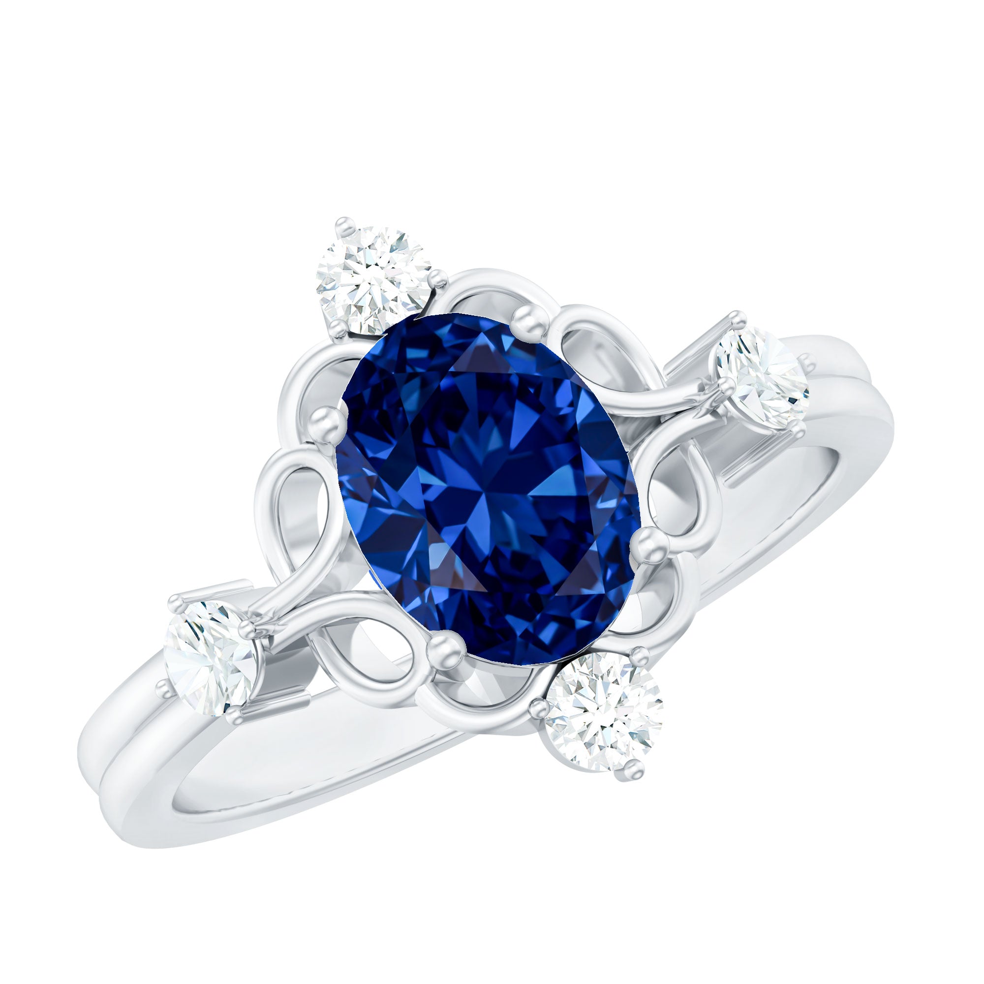 1.5 Carat Oval Cut Lab Grown Blue Sapphire Vintage Engagement Ring with Diamond AAAA - Rosec Jewels