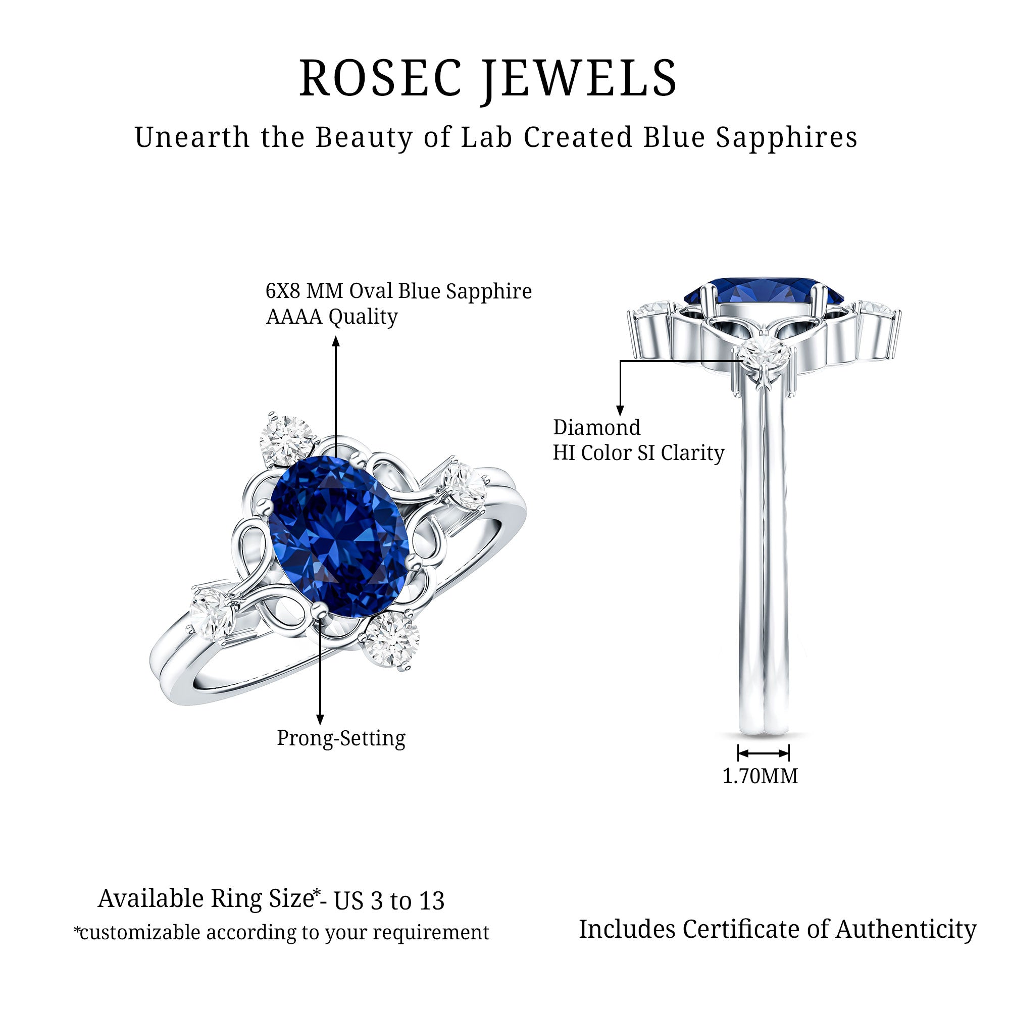 1.5 Carat Oval Cut Lab Grown Blue Sapphire Vintage Engagement Ring with Diamond AAAA - Rosec Jewels